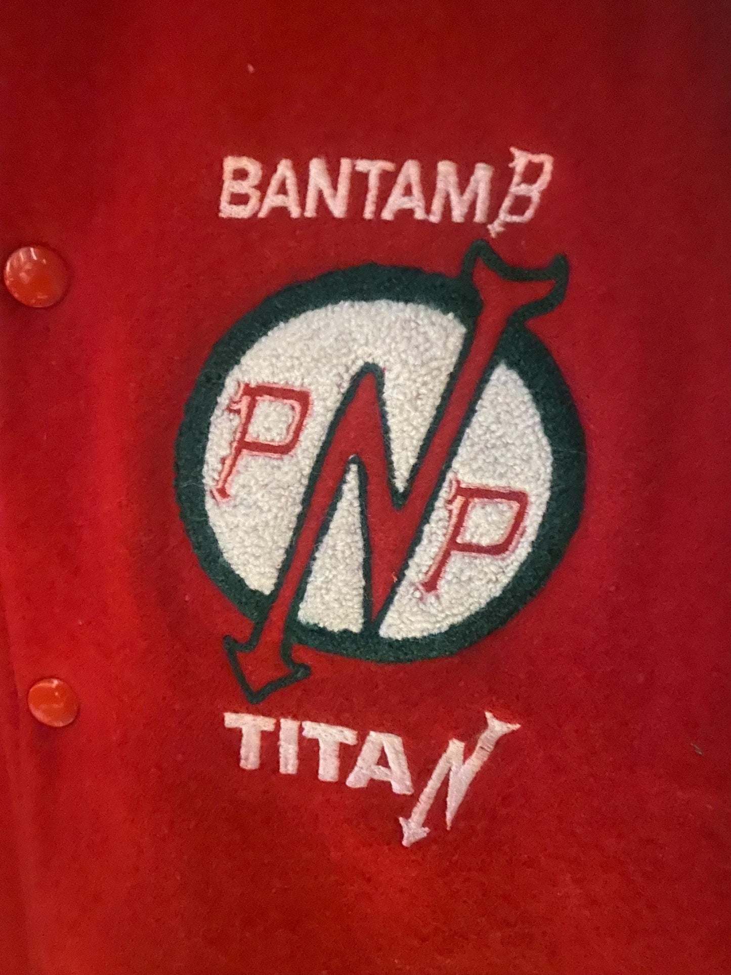 BantamB Titan red-Whire-Green winter wool varsity jacket sz L, great condition
