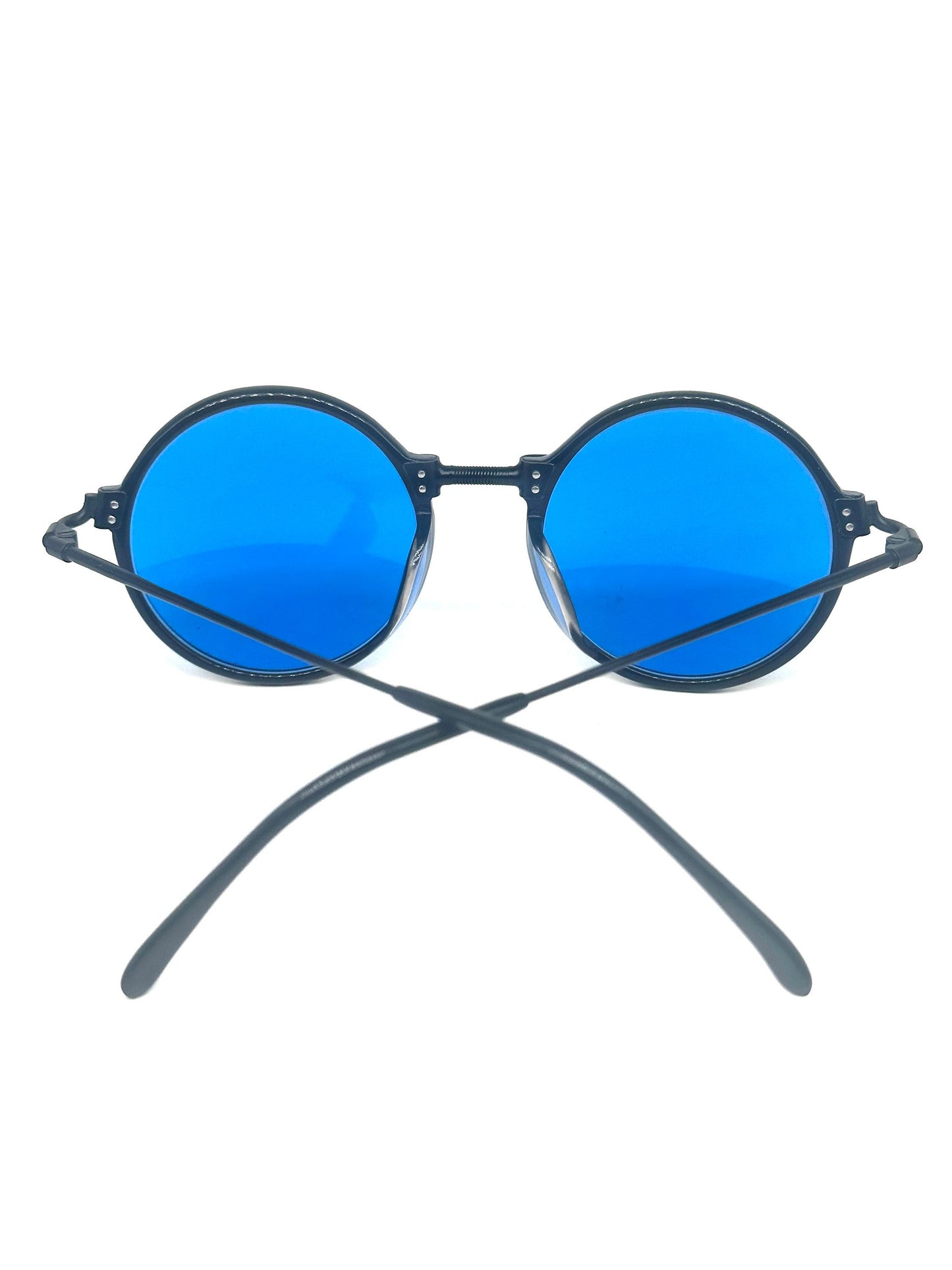 Jean Paul Gaultier 55-7261 black steampunk round sunglasses with blue lenses, NOS 80s Japan