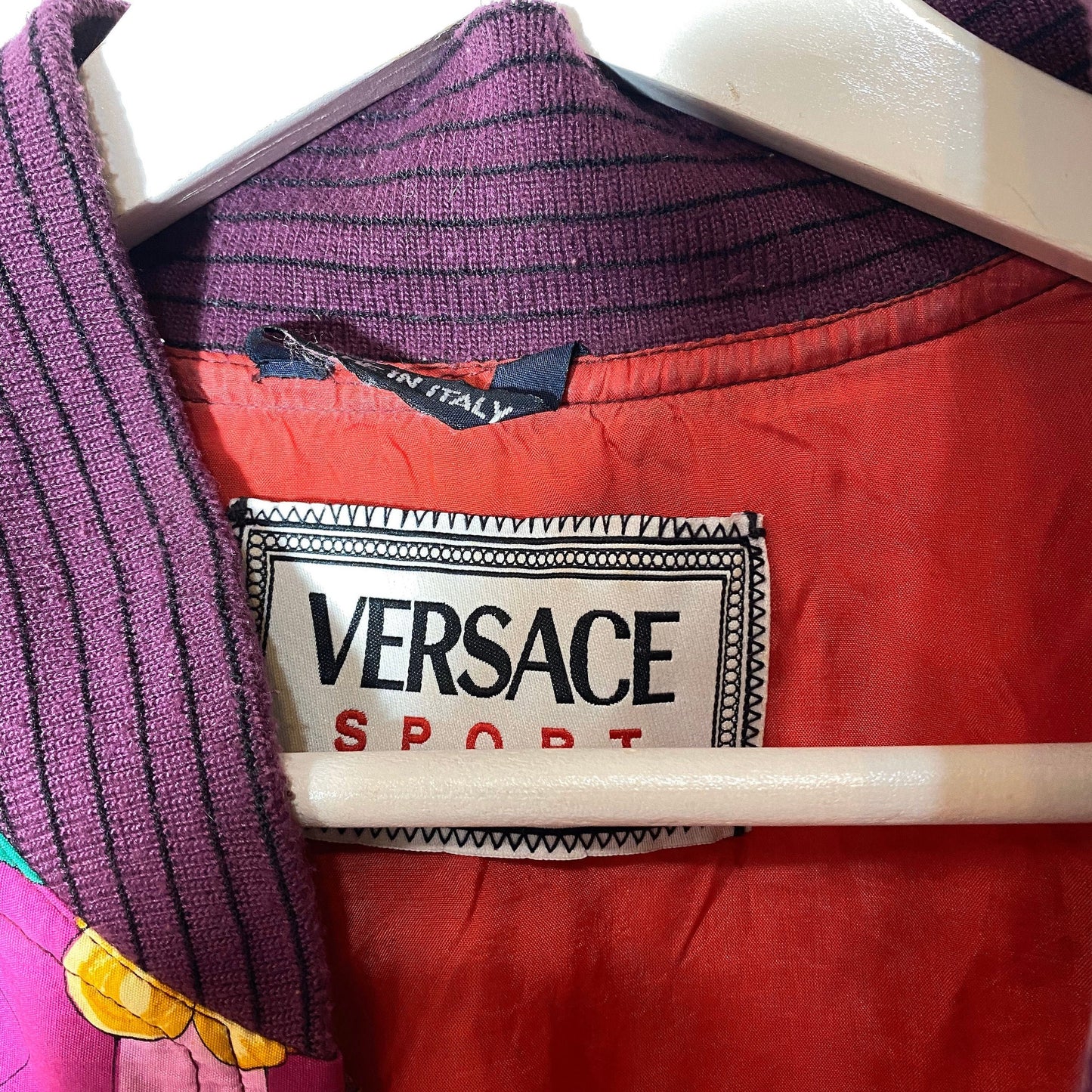 Versace Sport 1990s baseball allover cotton jacket, stunning colorful print of purple tones, minty