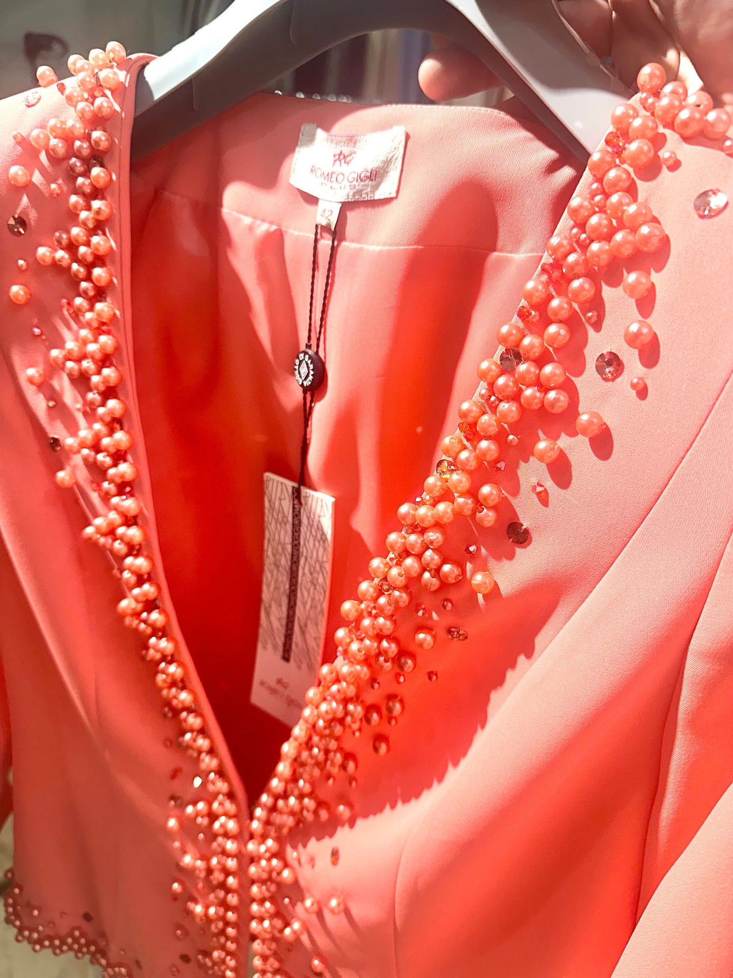 Romeo Gigli salmon pink blazer fully hand embroidered with matching beads and crystals, NOS w tags
