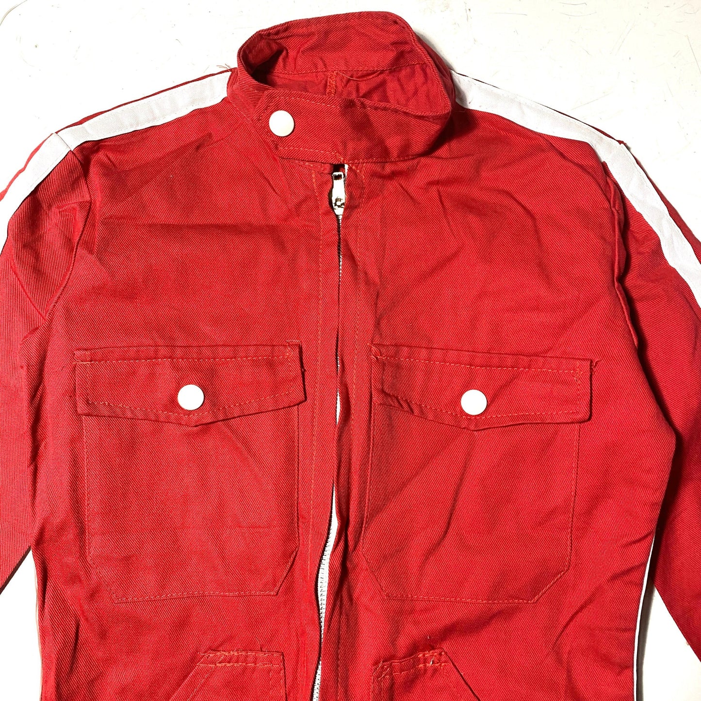Cute red kids go-kart mechanic overall suit in cotton canvas with white stripe detail, NOS 70s