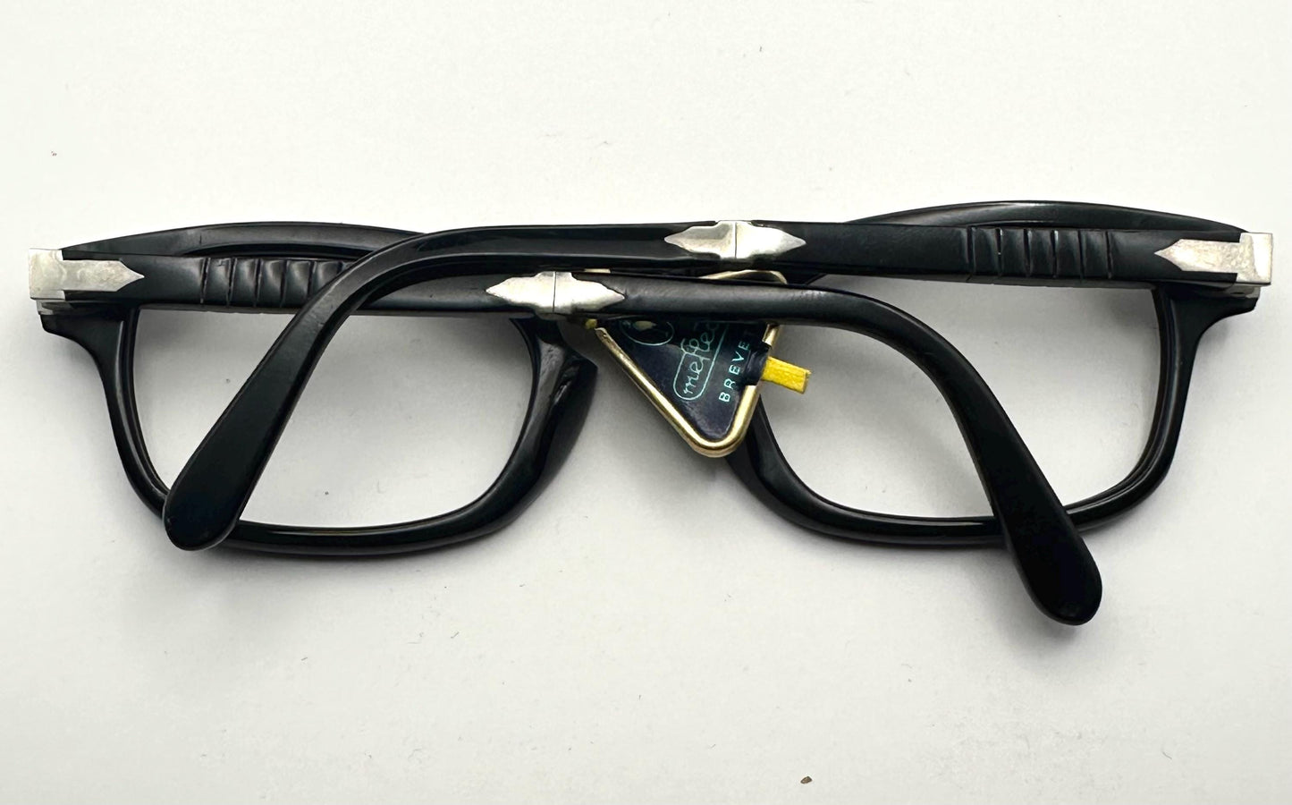 Persol 803 folding black cello rectangular frames w iconic arrow hinges, NOS 1960s Italy