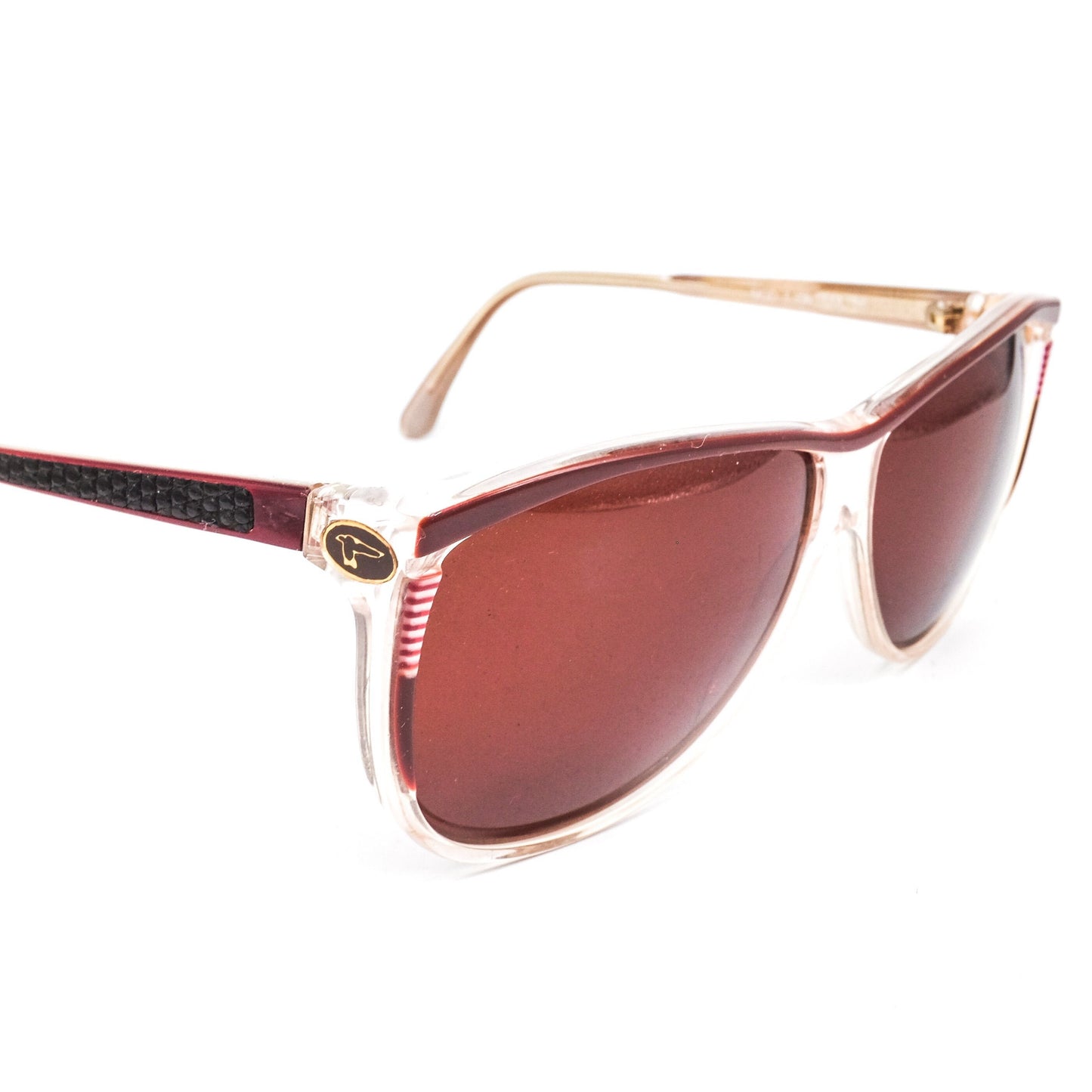 Trussardi oversized cateye sunglasses in clear/burgundy with leather inserts, NOS 80s
