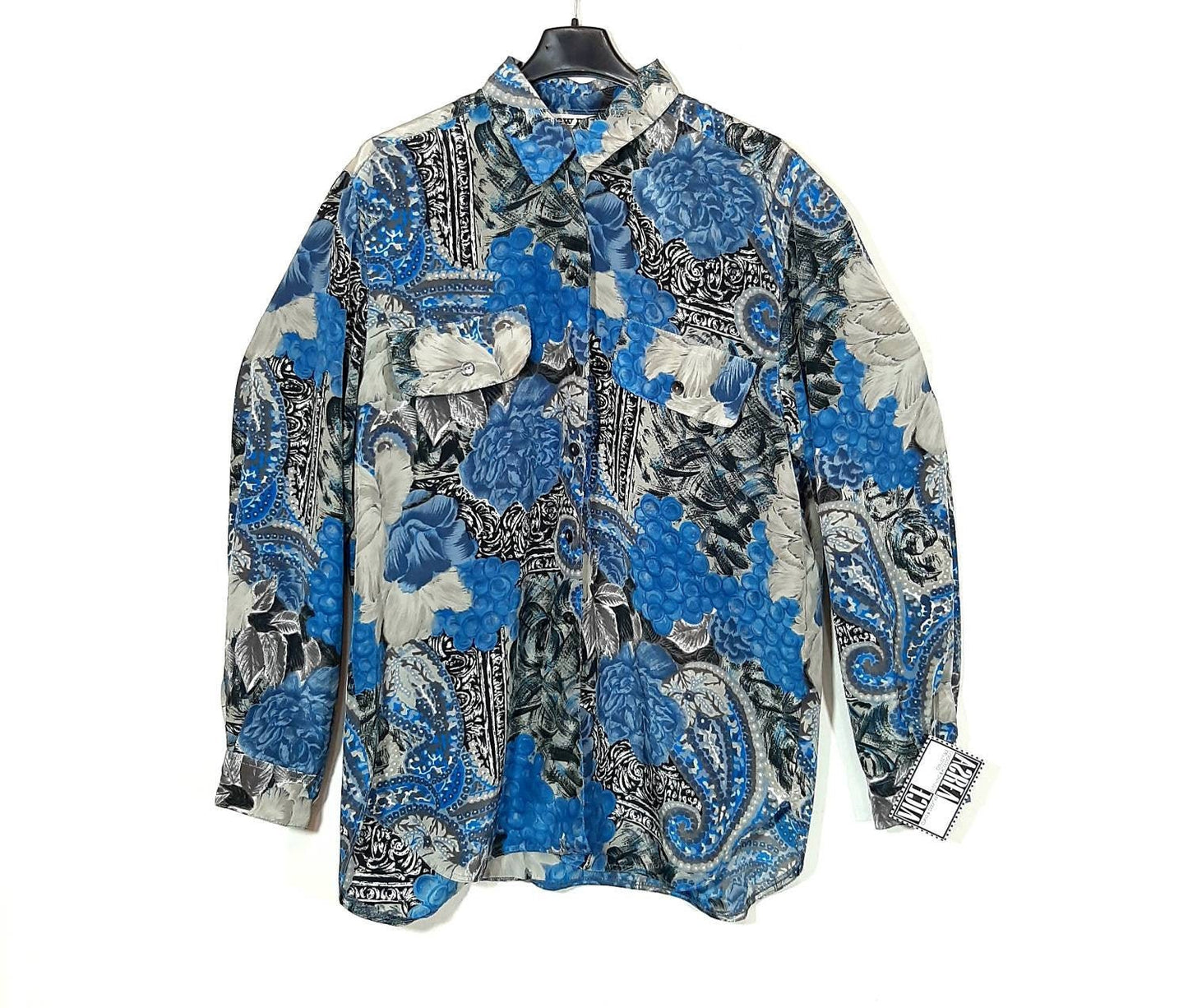 Camicia floreale New Moon in raso floreale-barocco blu/grigio anni '80 Italia