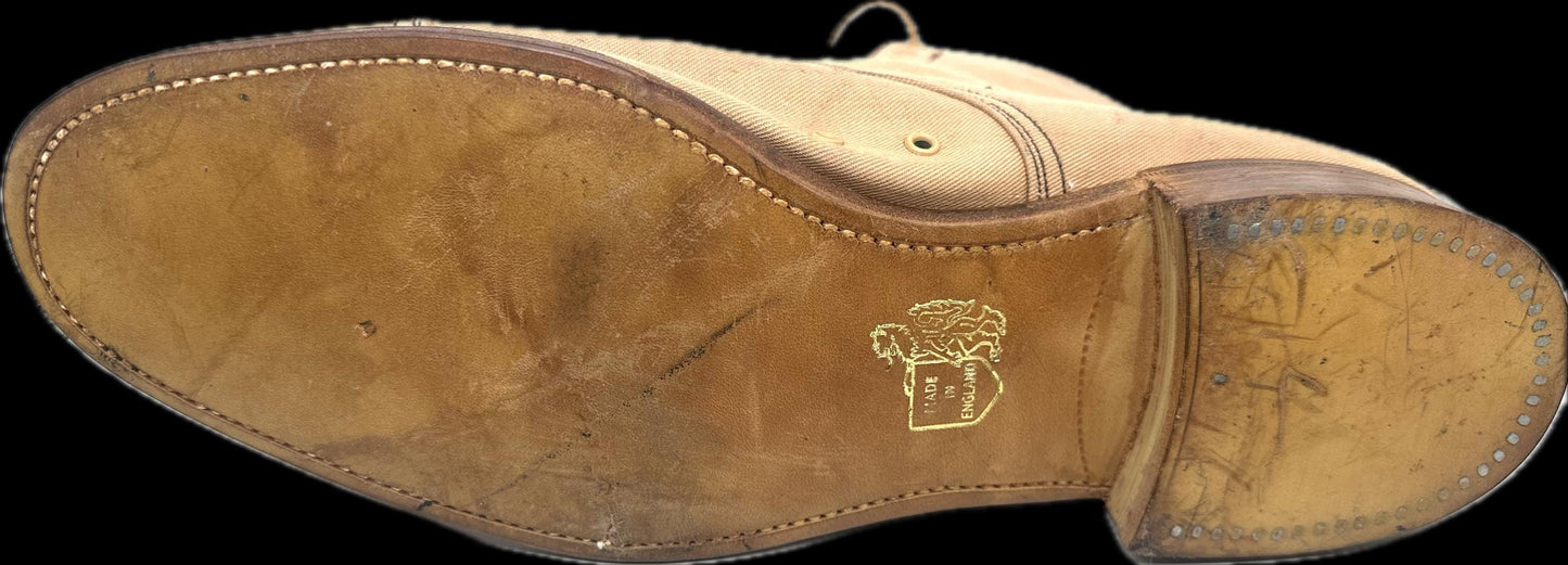 Grenson “Footmaster” khaki canvas boots w full leather lining and soles, hand crafted in UK 80s NoS sz 9/D