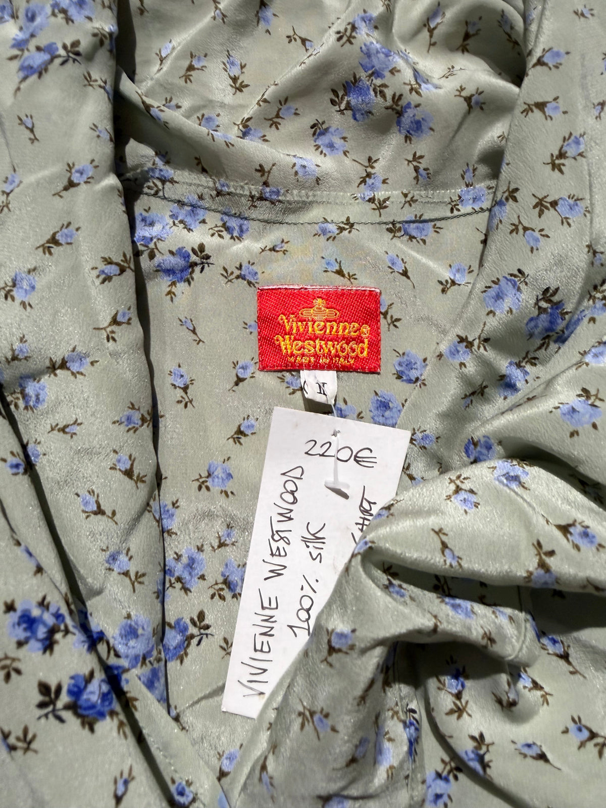 Vivienne Westwood 100% silk ladies floral blouse w-hood-able wide collar, sz II (M)