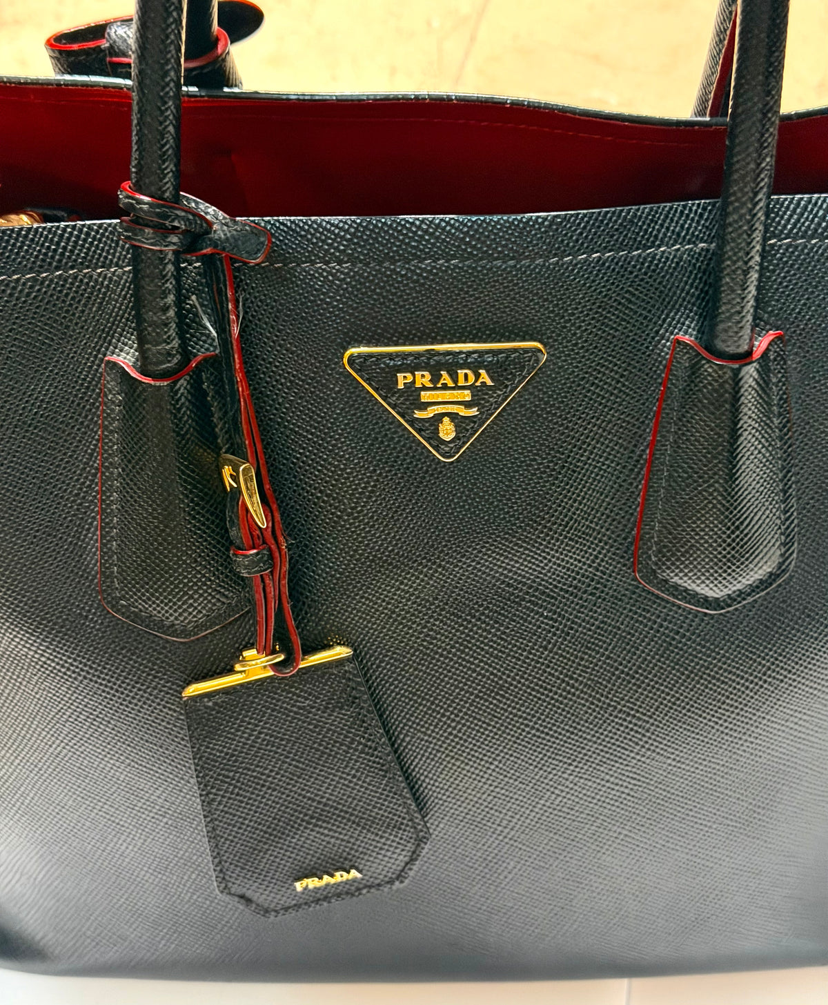 Prada Saffiano Double black leather Tote bag made in Italy, sz Large, perfect.