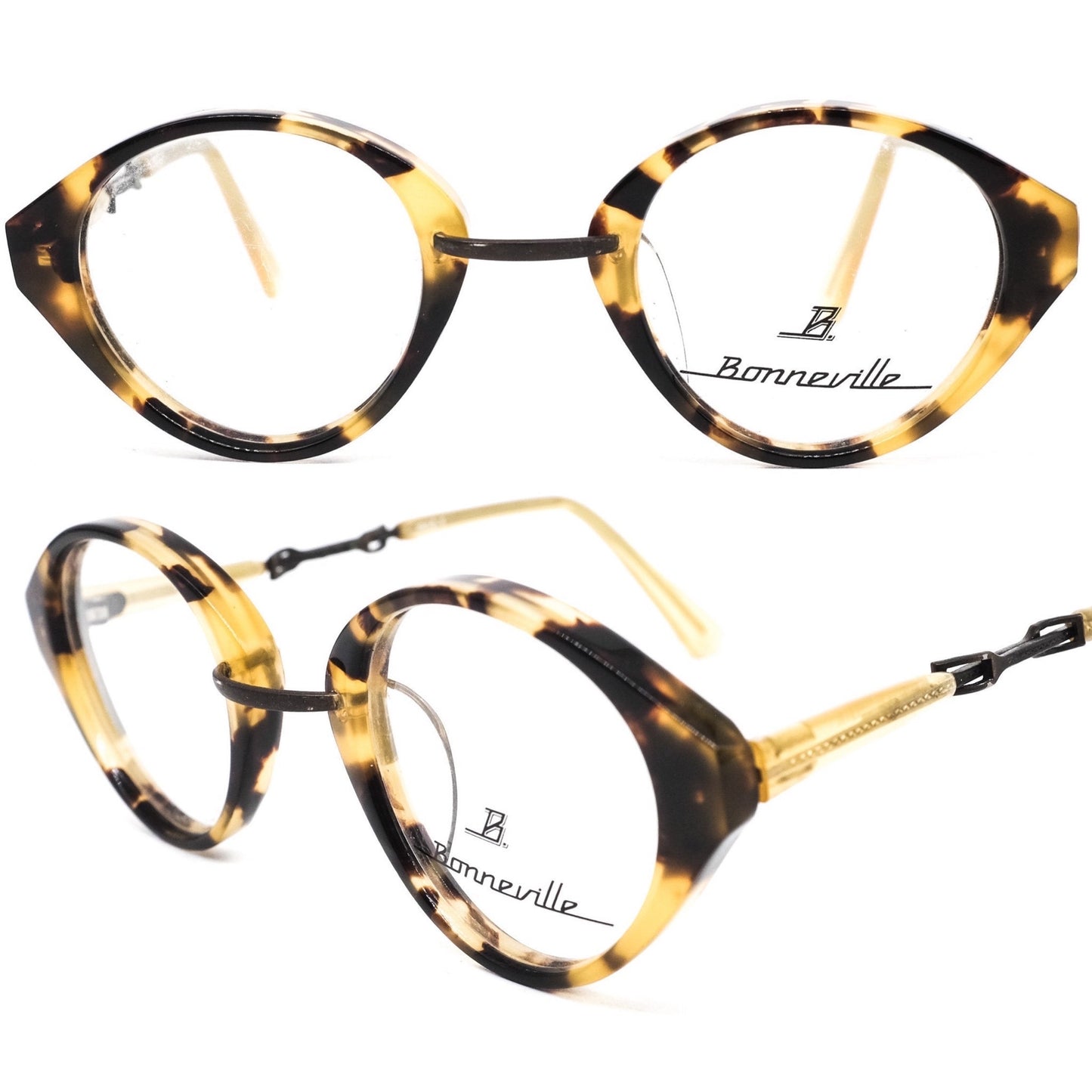 Bonneville vintage brown tortoise round cello eyeglasses frames Made in Germany with special temples design, NOS 1990s