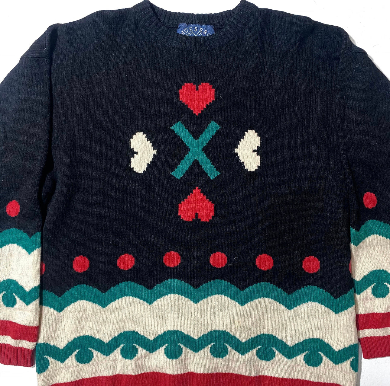 Iceberg cool Christmas colors wool sweater, black with green / red / ecru print, 90s mint condition