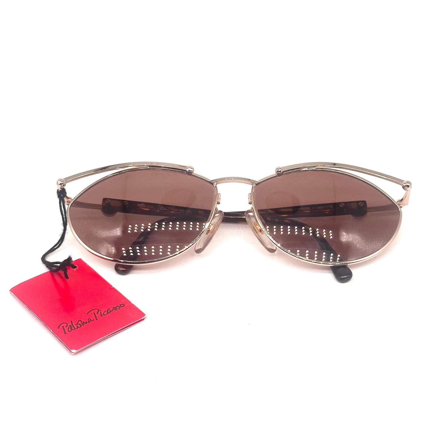 Paloma Picasso 3778 gold frame sunglasses with spheres details and spotted yellow and brown temples 80s NoS