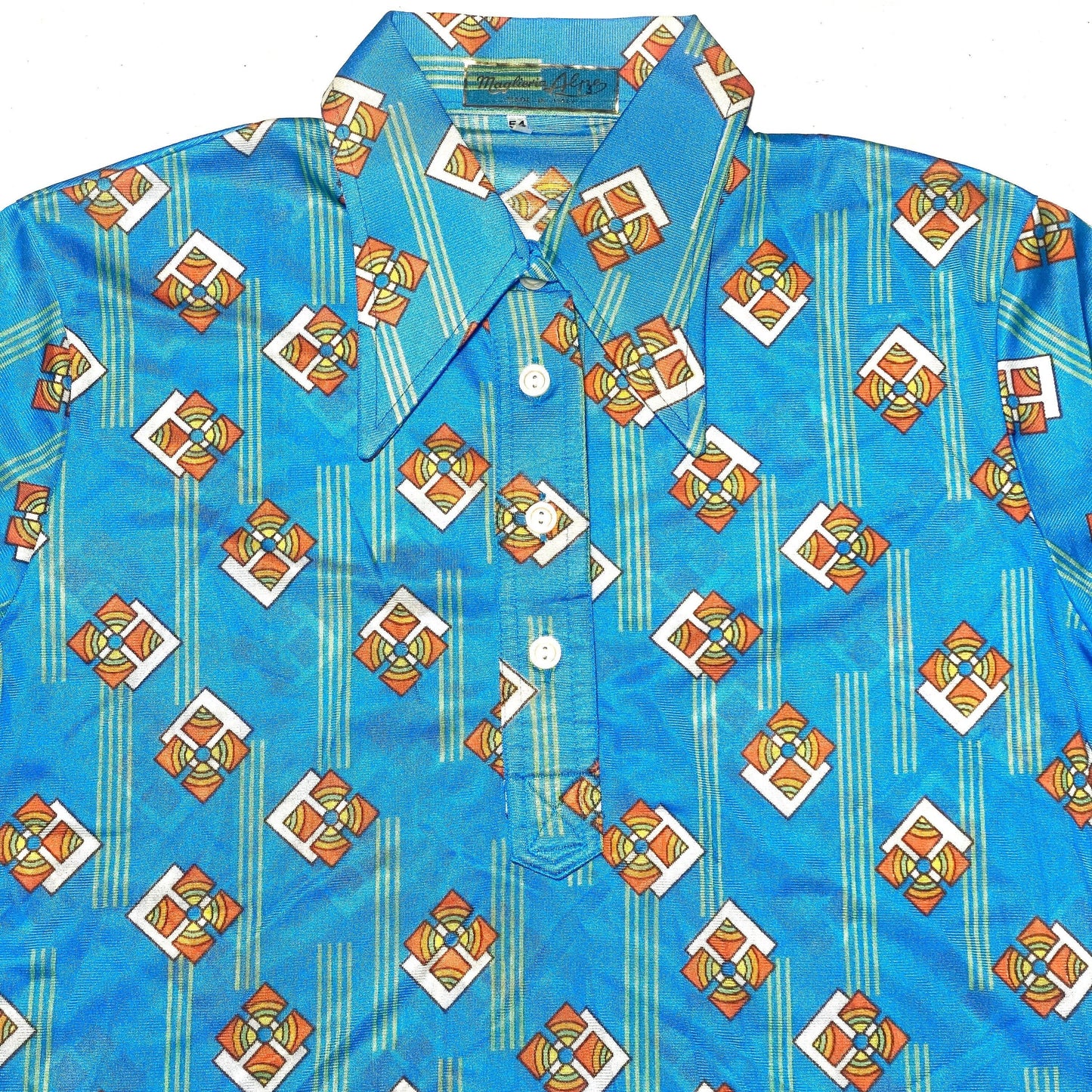 Alpe 70s NOS turquoise/orange Mod abstract print polo shirt with iconic big collar, perfect