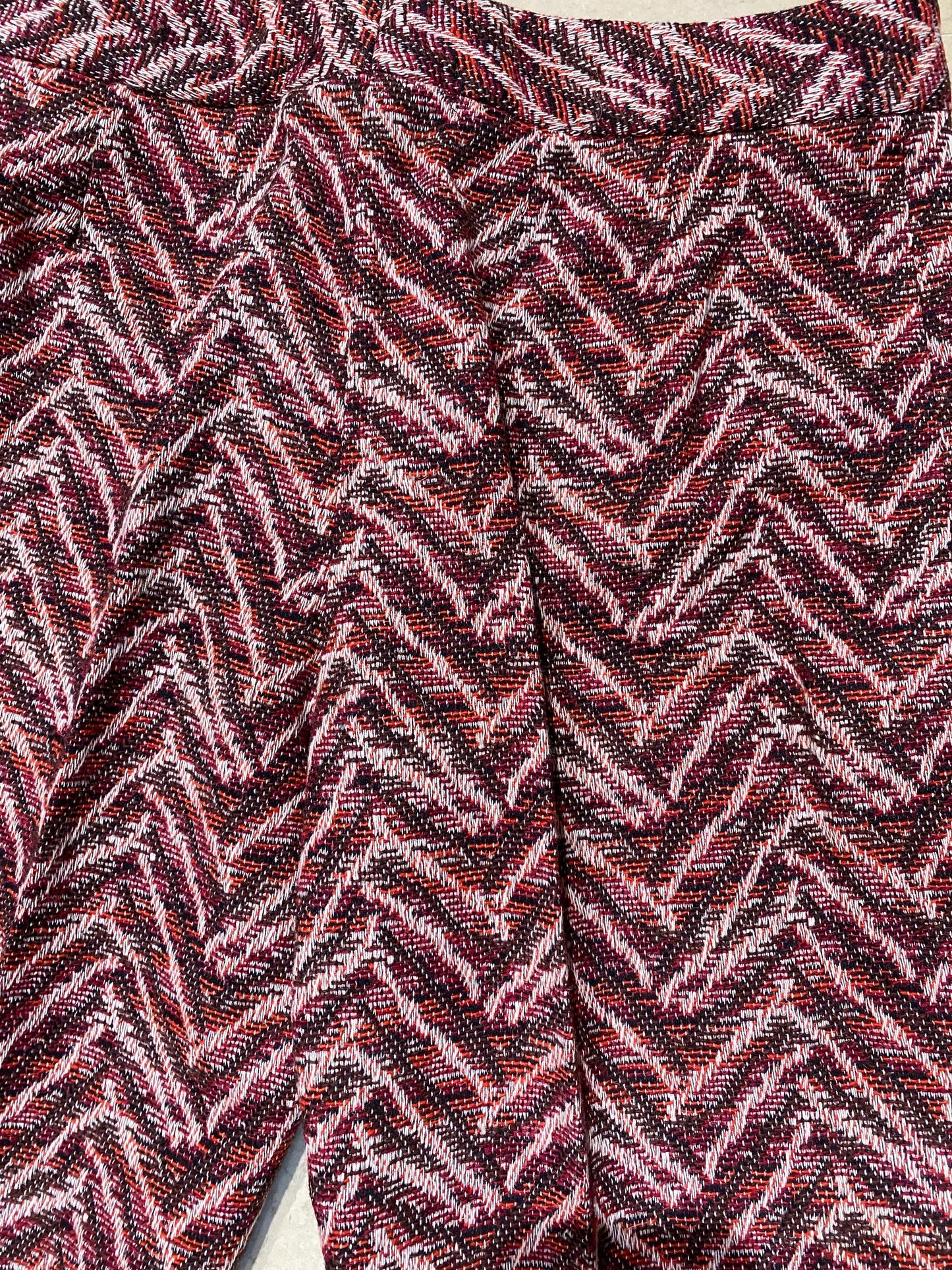 1970s NOS sartorial trousers in a beautiful wool jacquard abstract pattern of Burgundy, red and white tones, sz 46