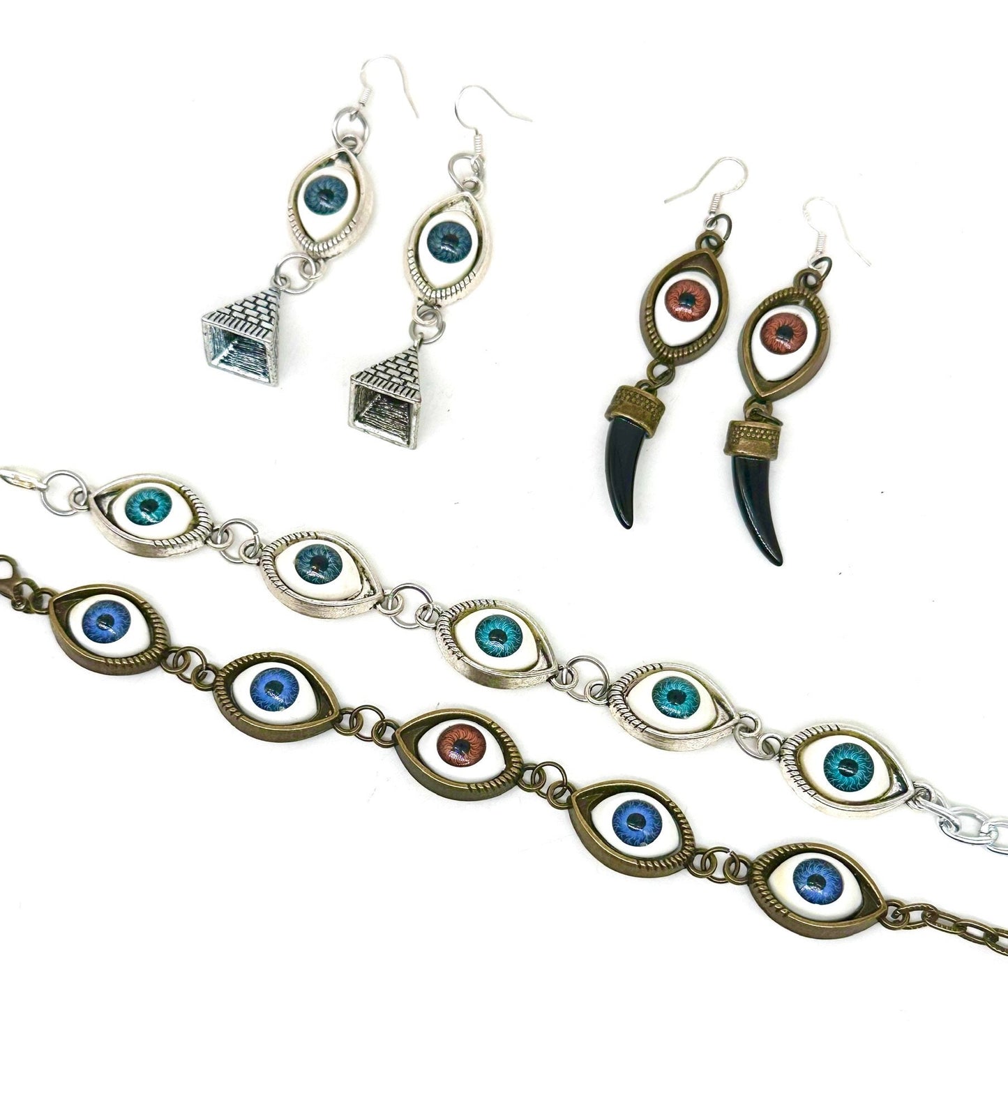 Hand crafted Evil eye bracelets in silver or antique brass metal, brand new and customizable