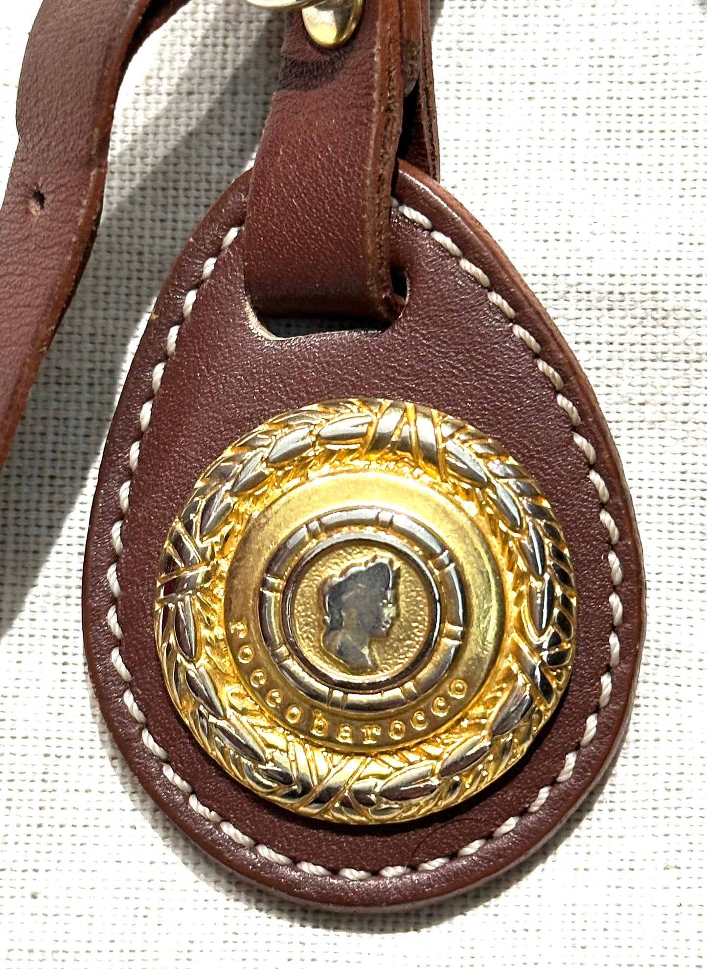 Rocco Barocco canvas monogram shoulder bag w gold and tan leather details, 80s Italy mint condition.