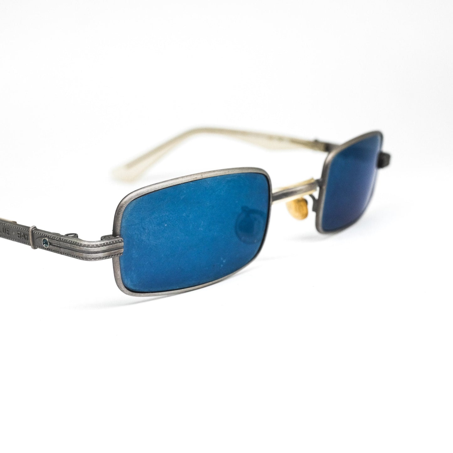 BlueBay minimalist silver rectangular sunglasses w blue mirrored lenses, Italy 90s NOS Mint