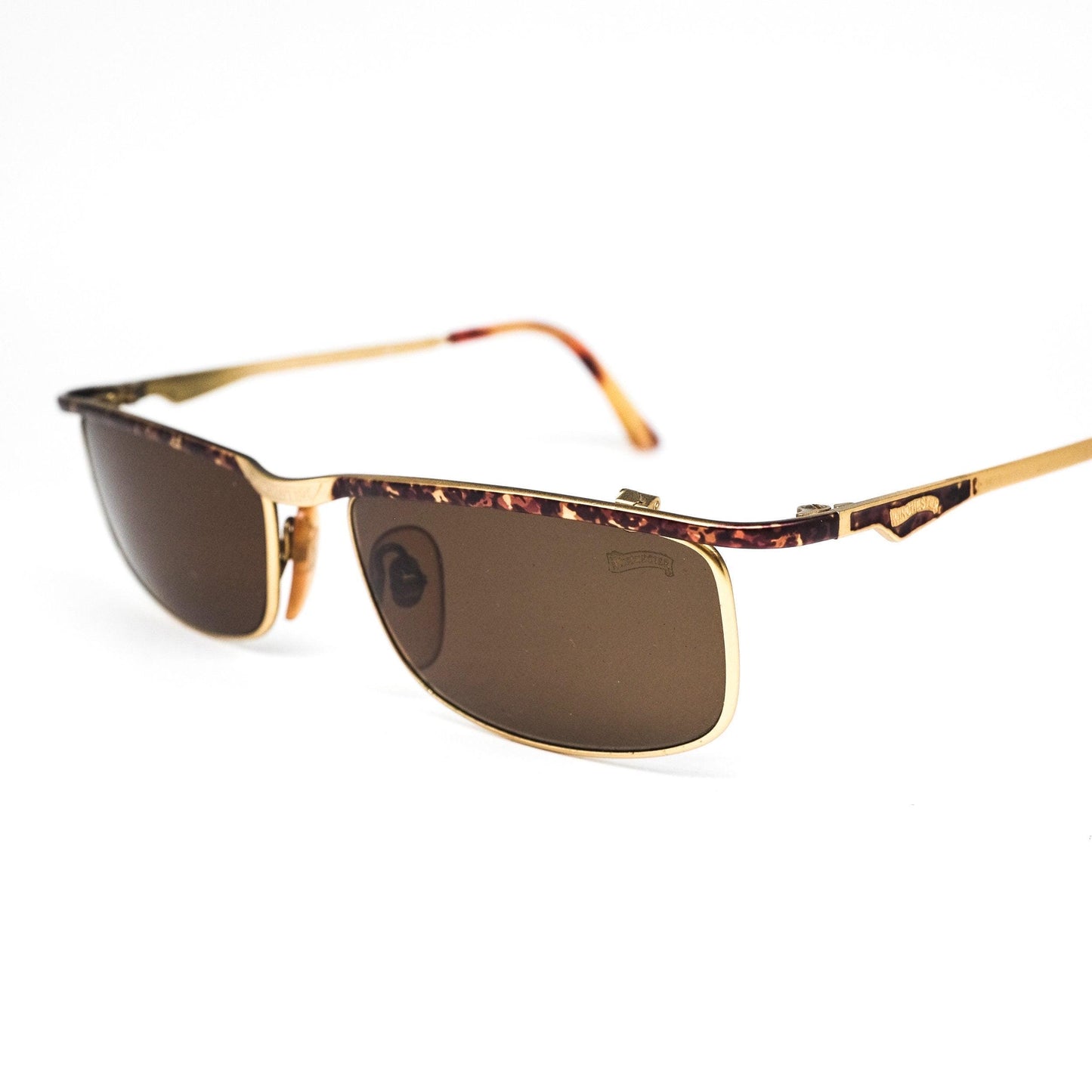 Winchester tortoise-gold square metal sunglasses, w carved-enameled details, NoS 80s.