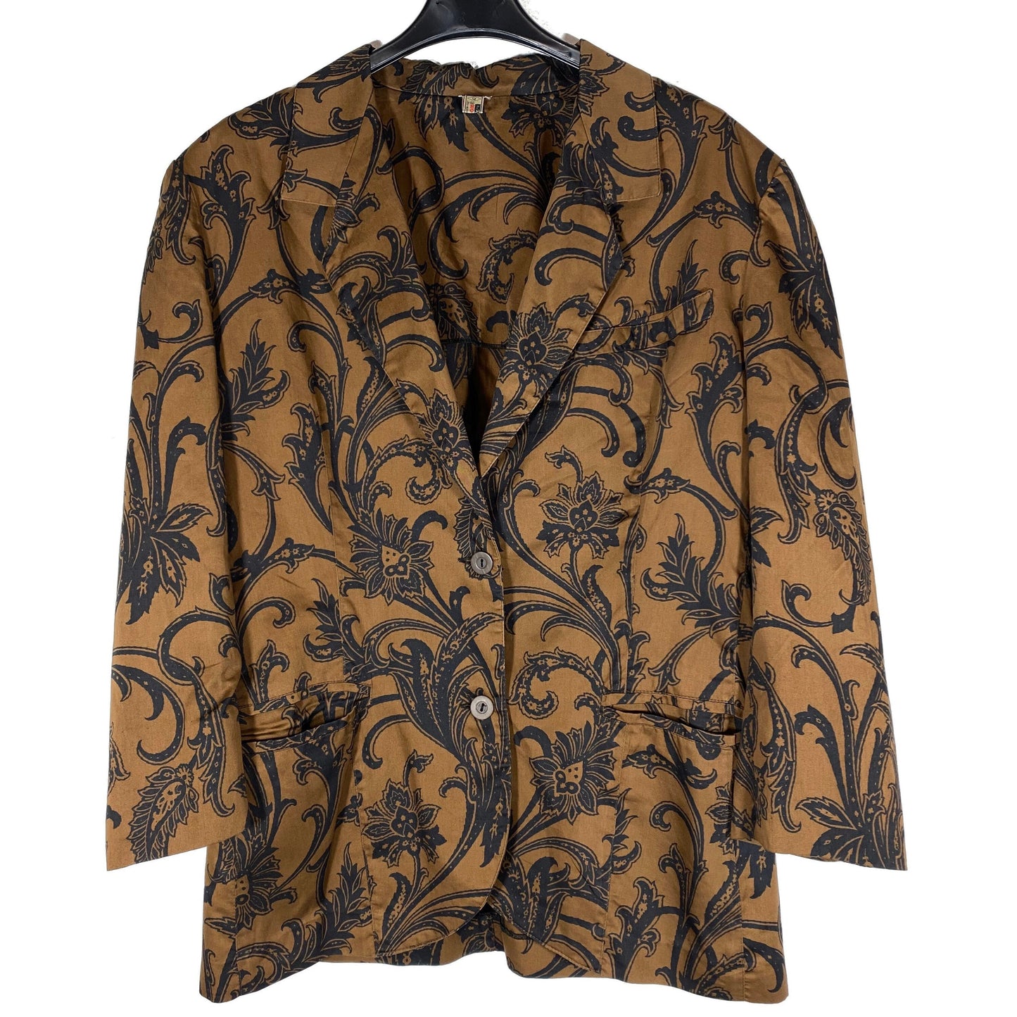 Swan brown light cotton blazer with black baroque print allover, NOS 70s