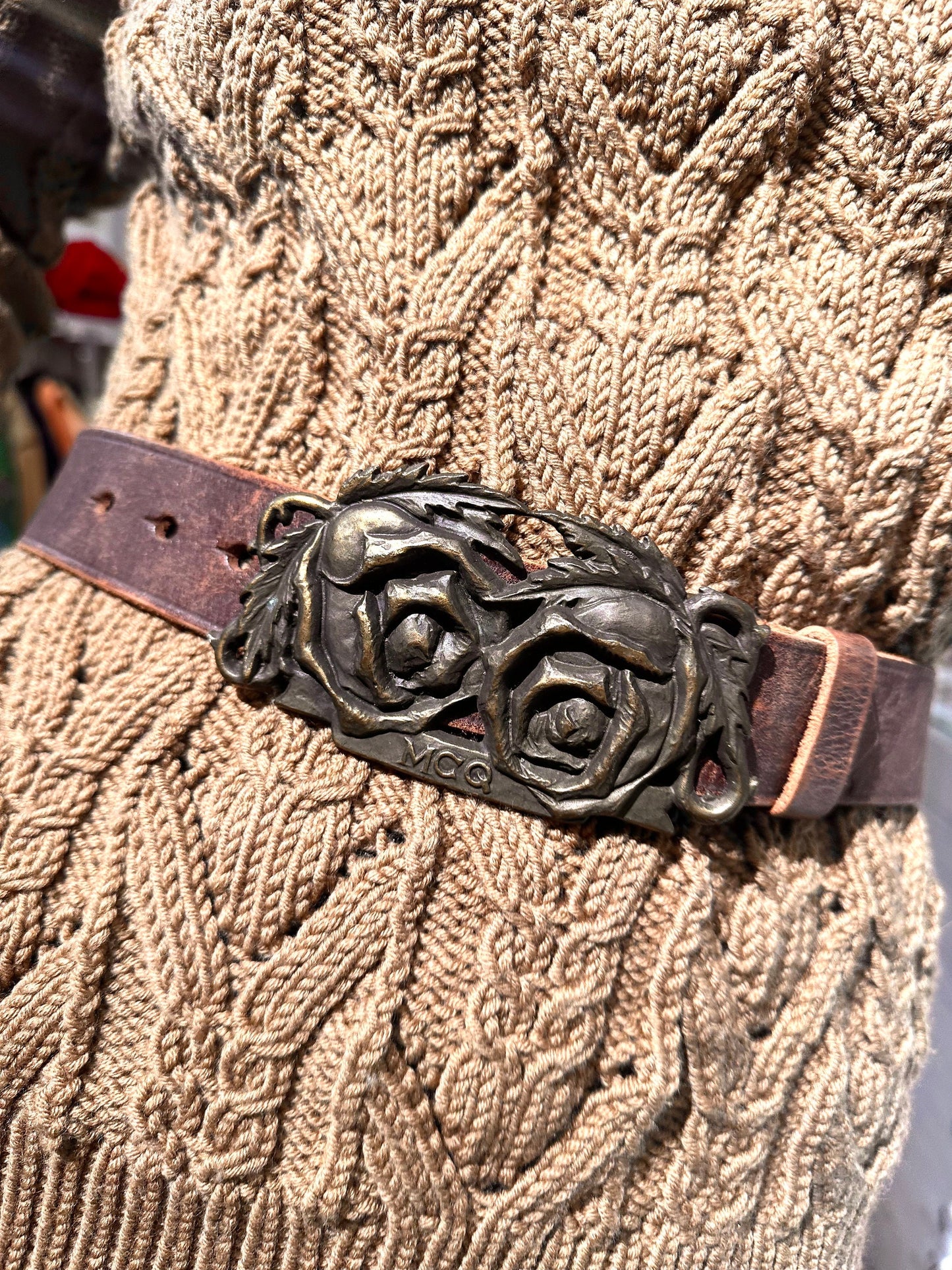 McQ by Alexander McQueen western style tan leather belt w antique brass roses buckle, mint sz 75