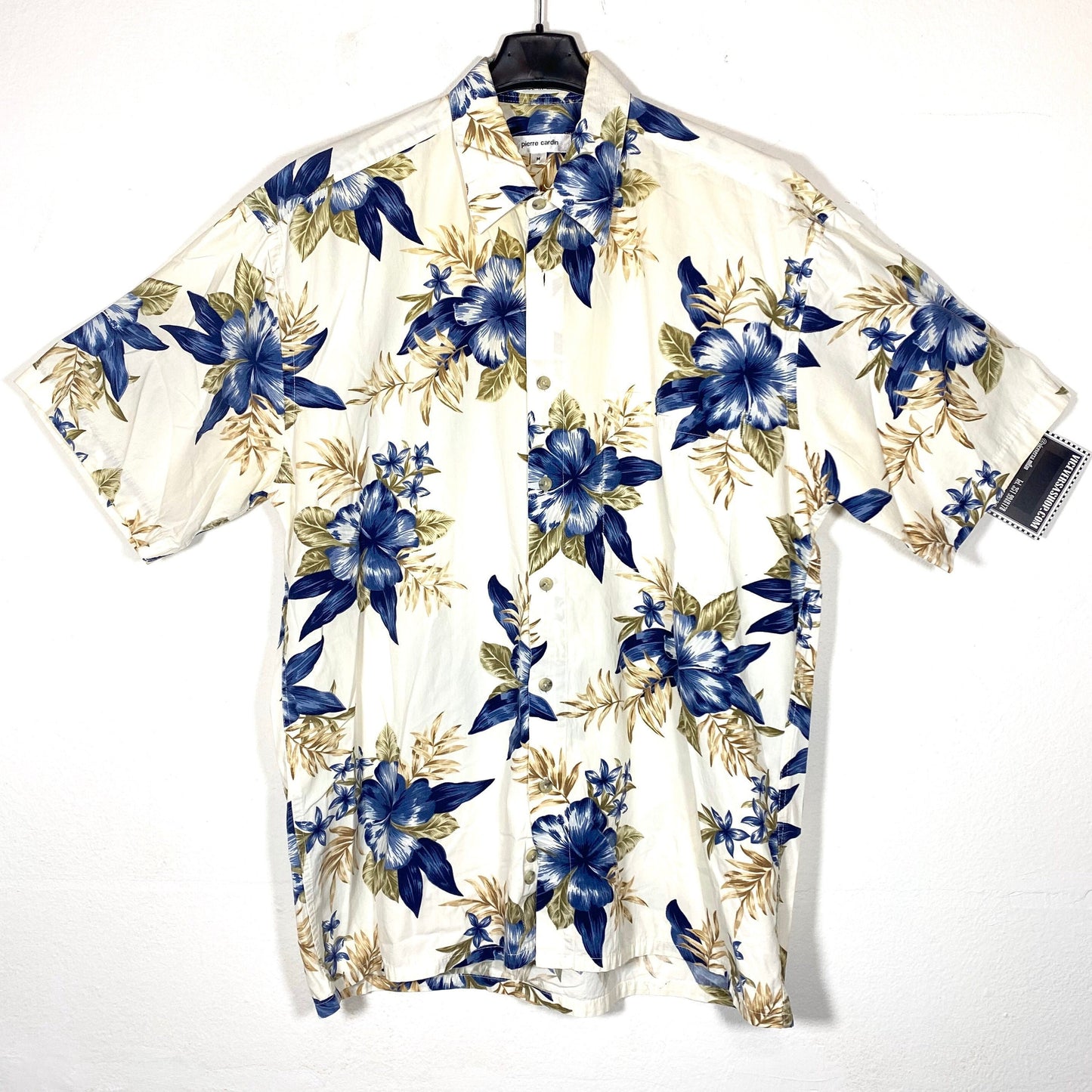 Pierre Cardin cotton aloha shirt, white with blue tropical flowers, great condition