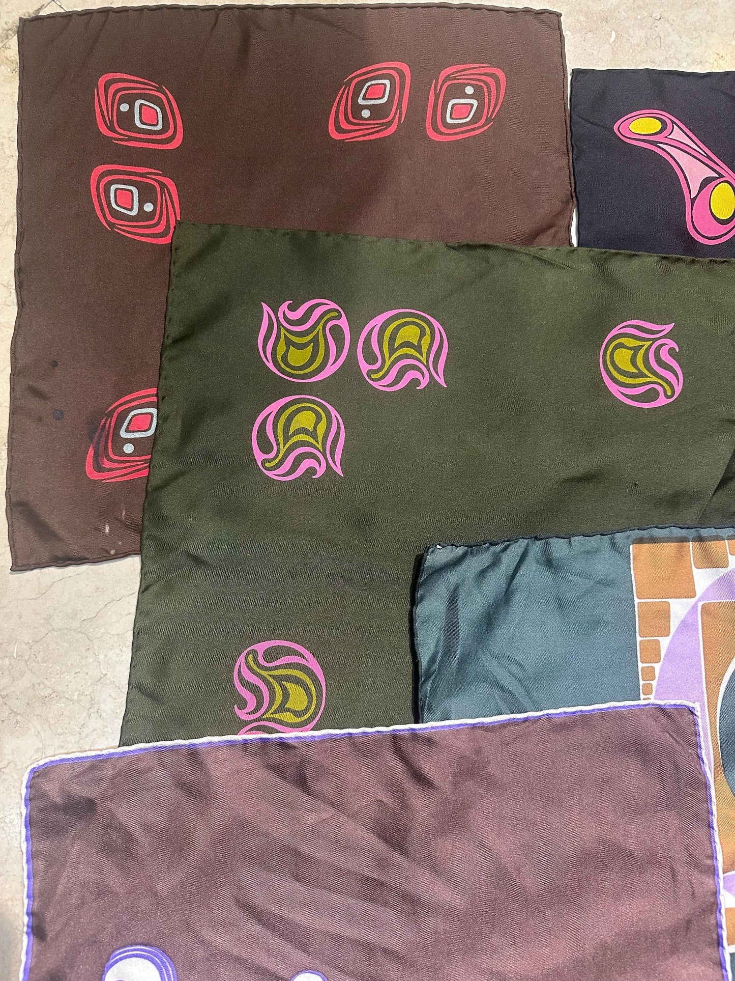 Lot of pure silk pocket squares / handkerchiefs w hand sewn borders, iconic abstract designs, 1970s NOS