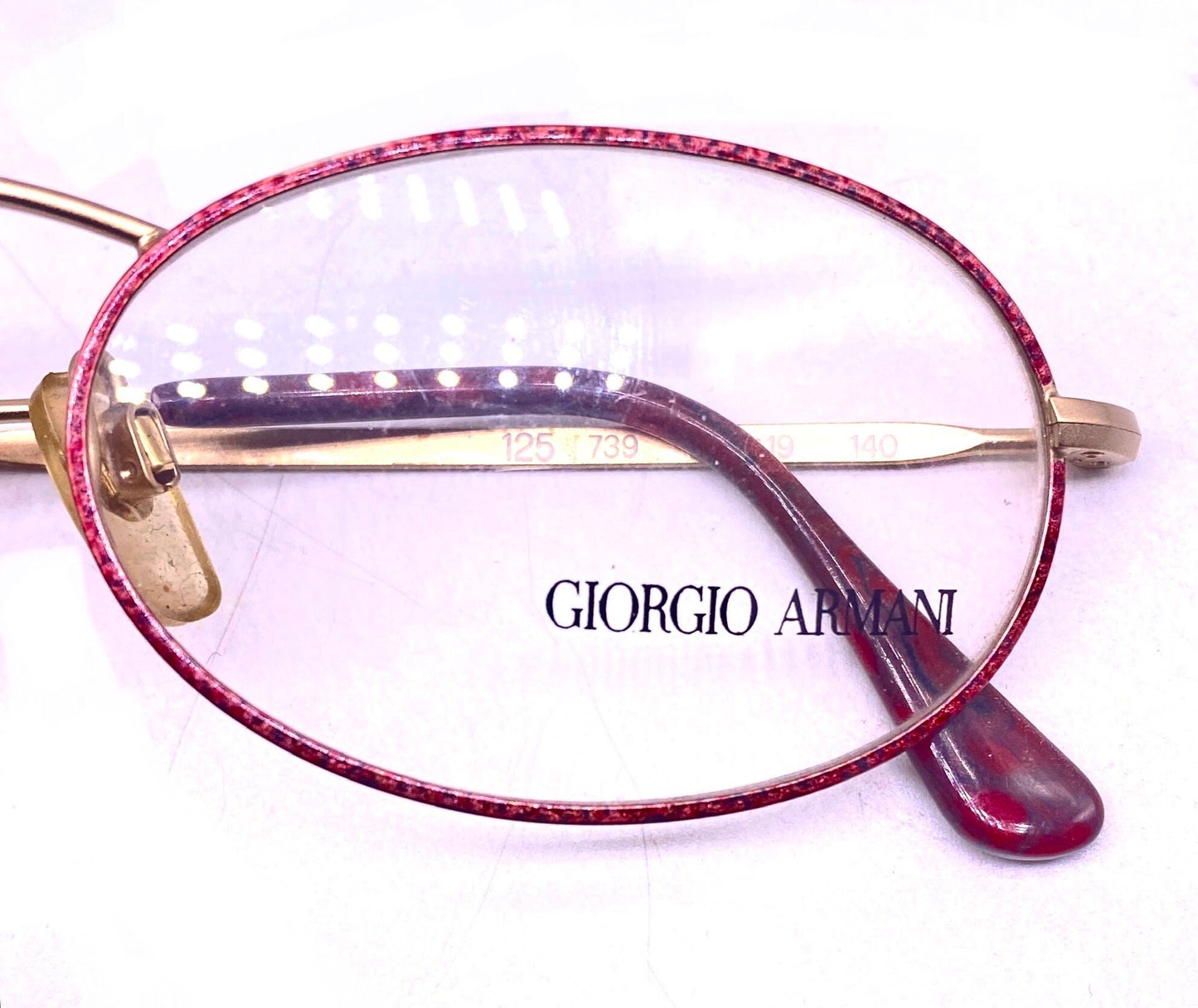 Giorgio Armani 125 oval Matt gold spectacle frames w burgundy enameled pattern, hand made in Italy