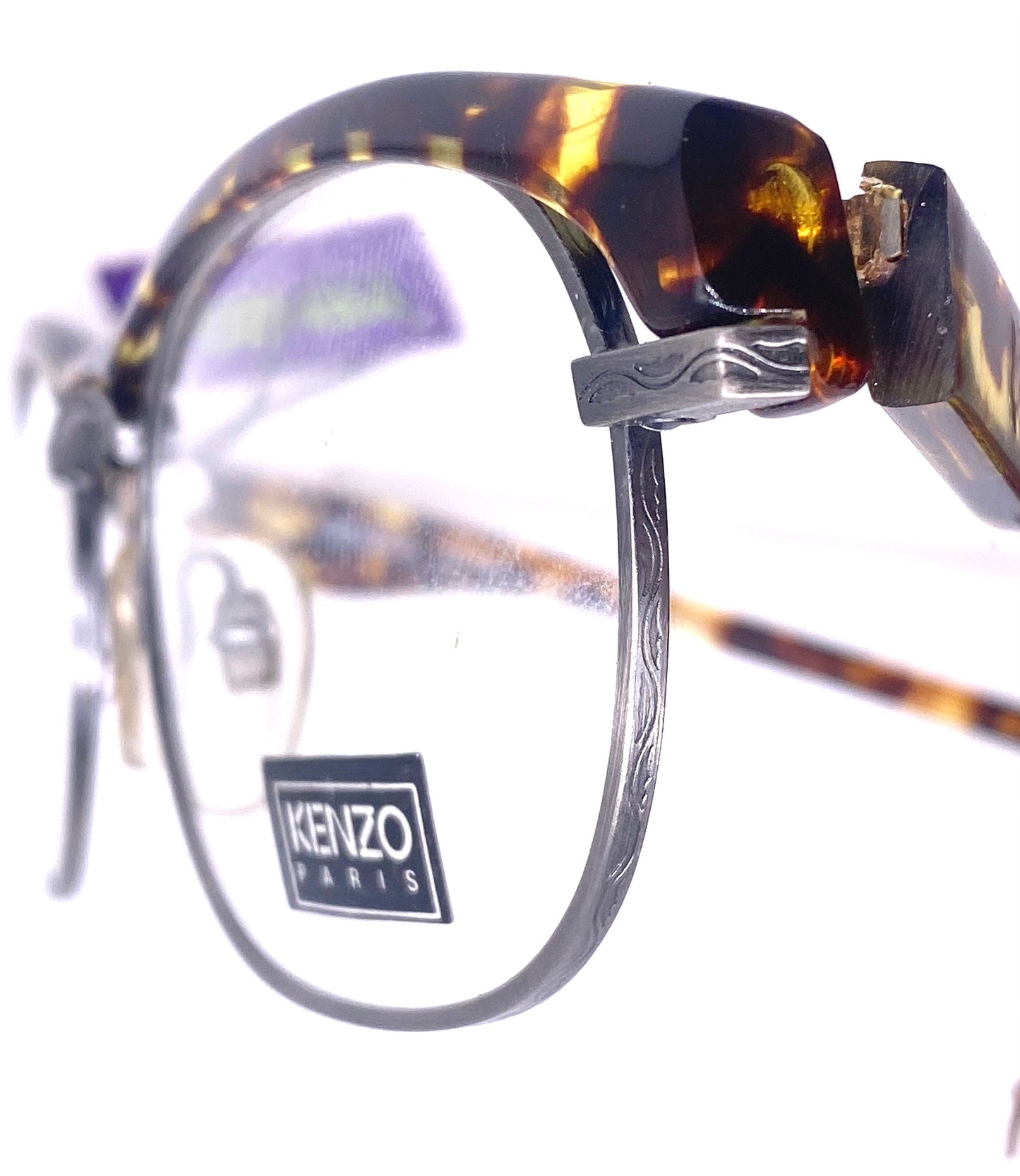 Kenzo Jazz K059 rectangular carved gunmetal frames w avant-Garde tortoise browline, 80s NoS France