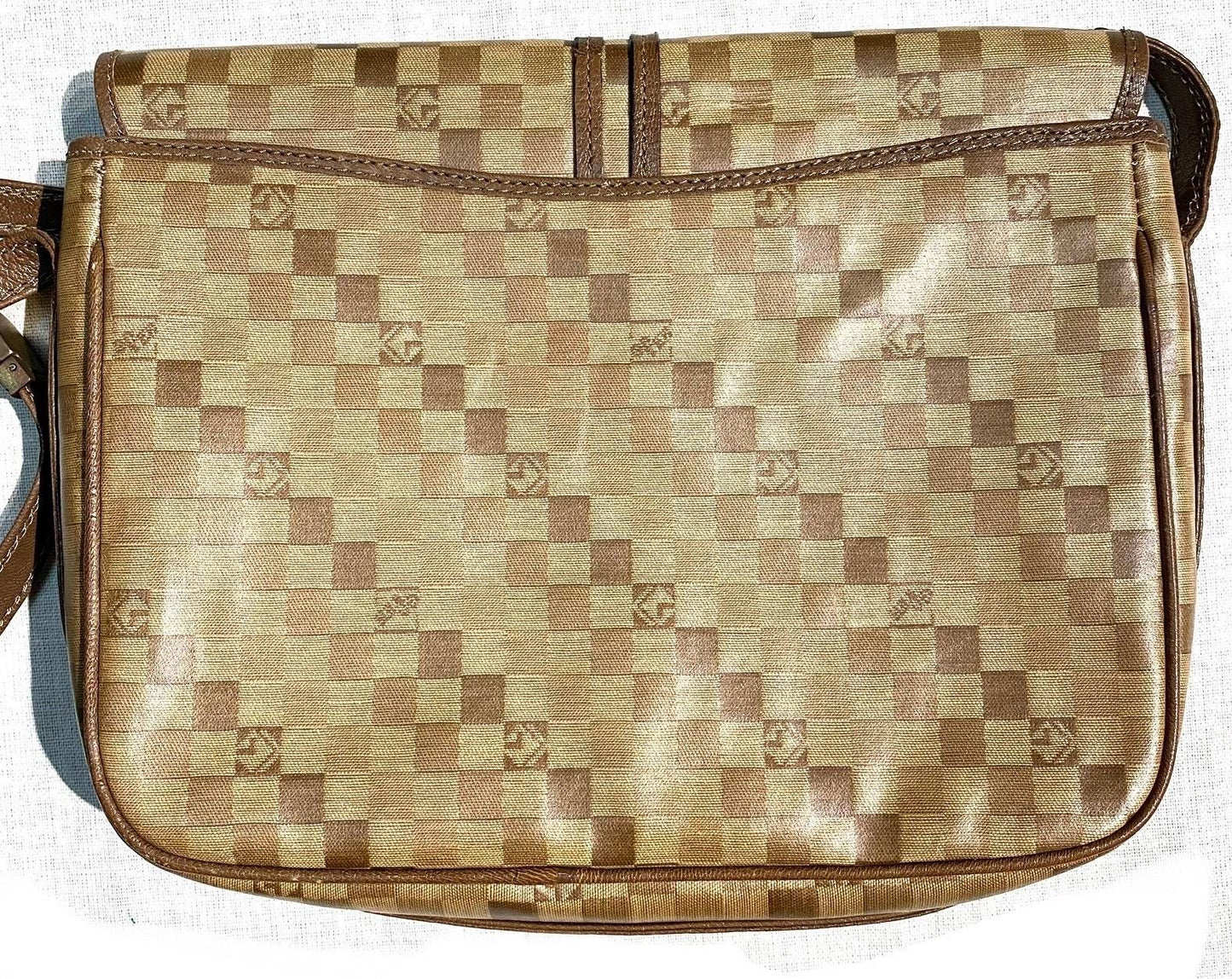 Cute 70s beige checkered waterproof canvas monogram bag, unknown Italian brand, mint.