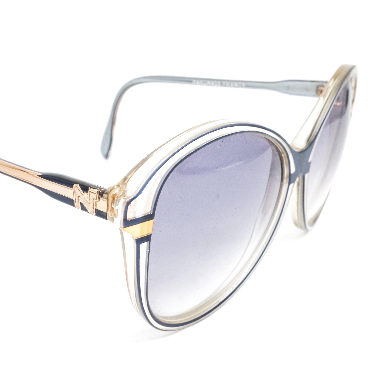 Nina Ricci round oversized blue/gold sunglasses hand made in France, 80s NoS
