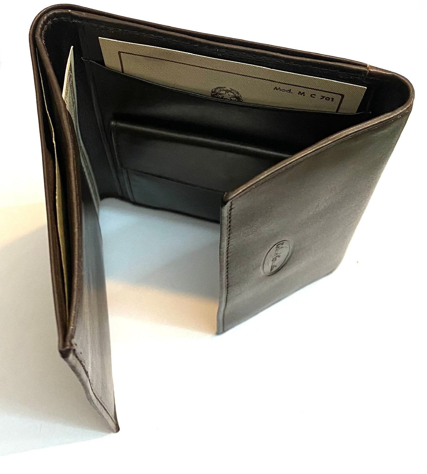 Roland Germani unisex softest dark brown leather wallet w press printed branding, NOS 90s
