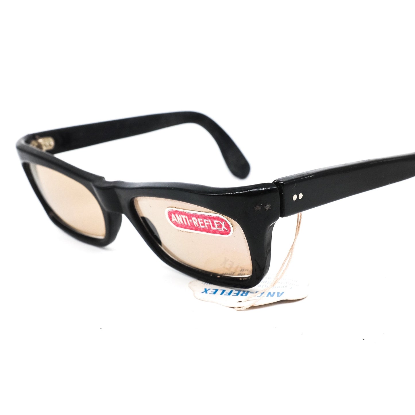 Anti-reflex vintage classy square black acetate sunglasses with light brown lenses, NOS 80s