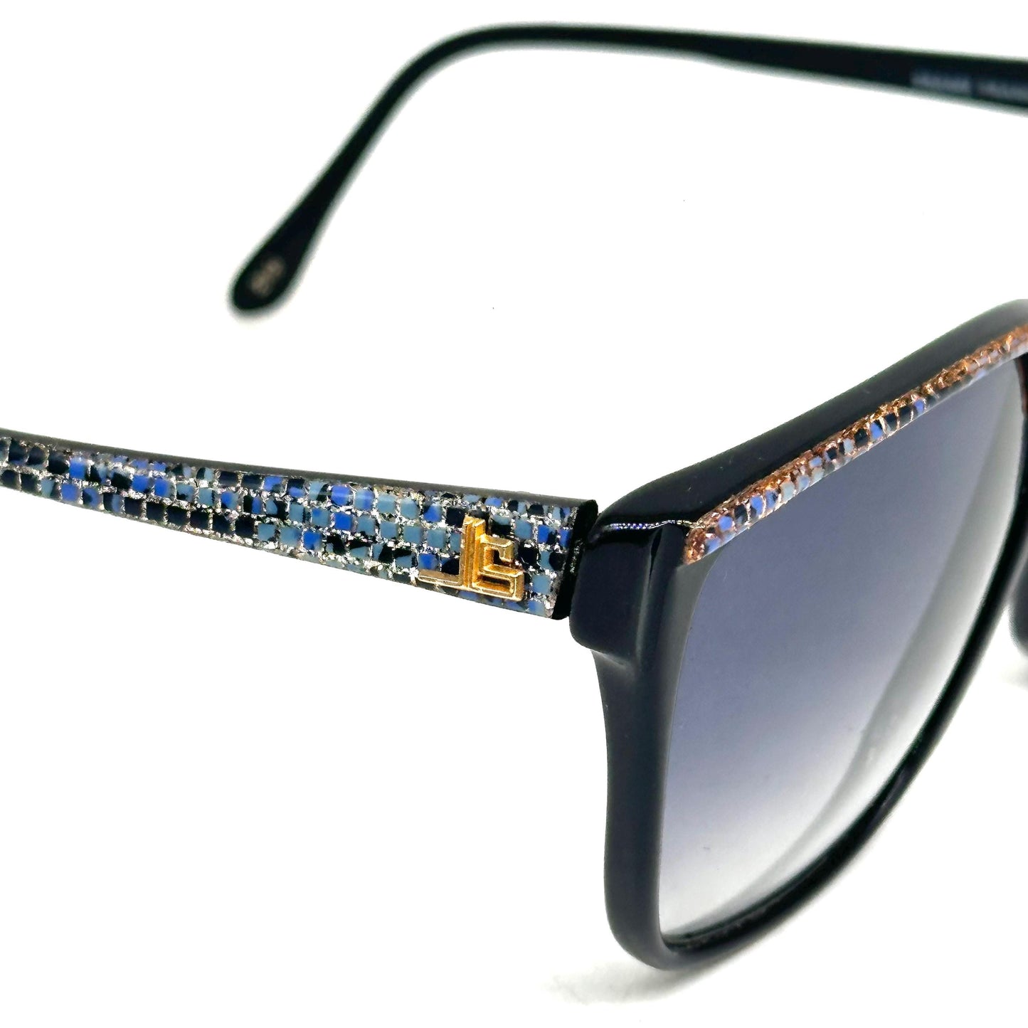 Jean-Louis Scherrer Paris frame 875 black oversize sunglasses with mosaic effect in gold/silver glitter and blue squares. 90s NOS France