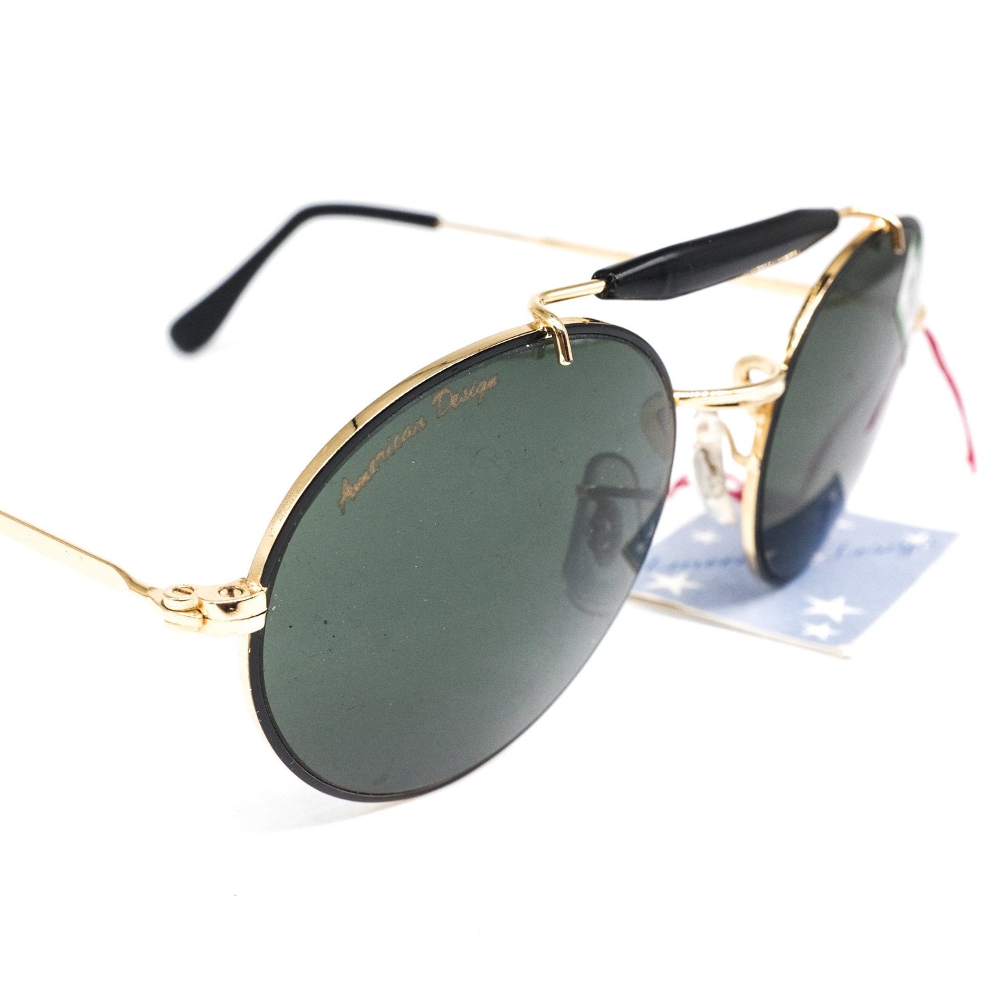 Occhiali da sole rotondi in oro metallizzato American Design realizzati negli Stati Uniti, anni '80 NOS