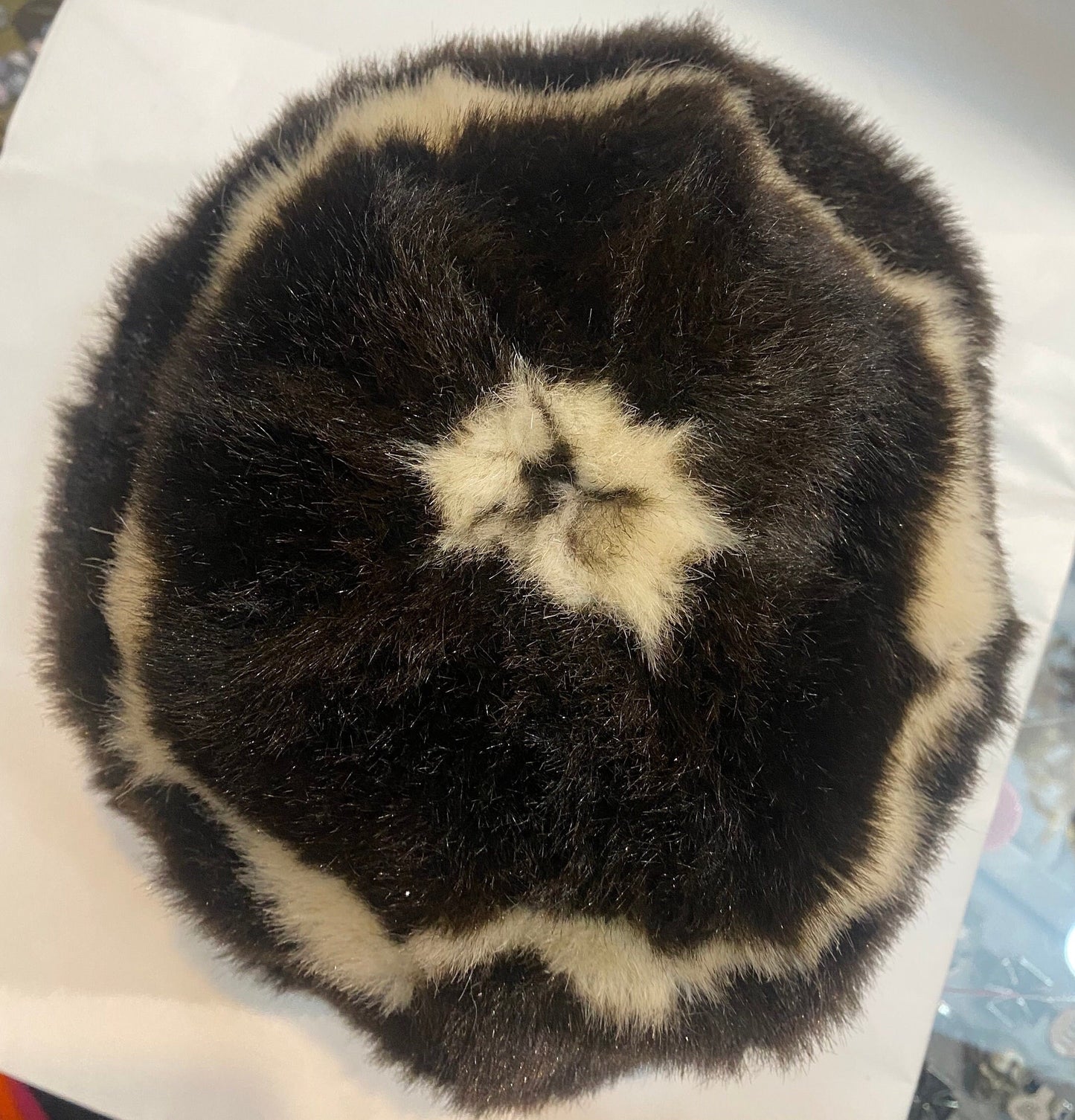 Wakö 1960s brown/white striped faux fur ladies hat hand made in France, mint