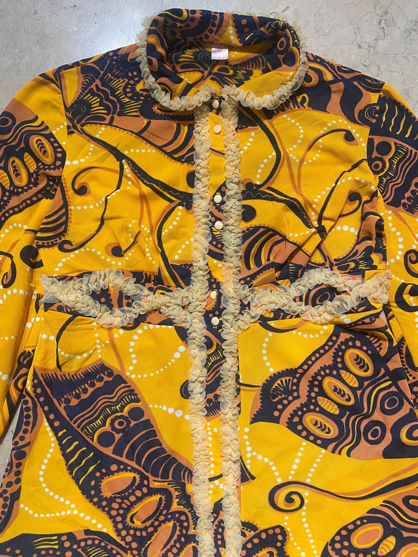 1960s/70s hippie style blouse, abstract orange tones print with ruches, pretty and so unique