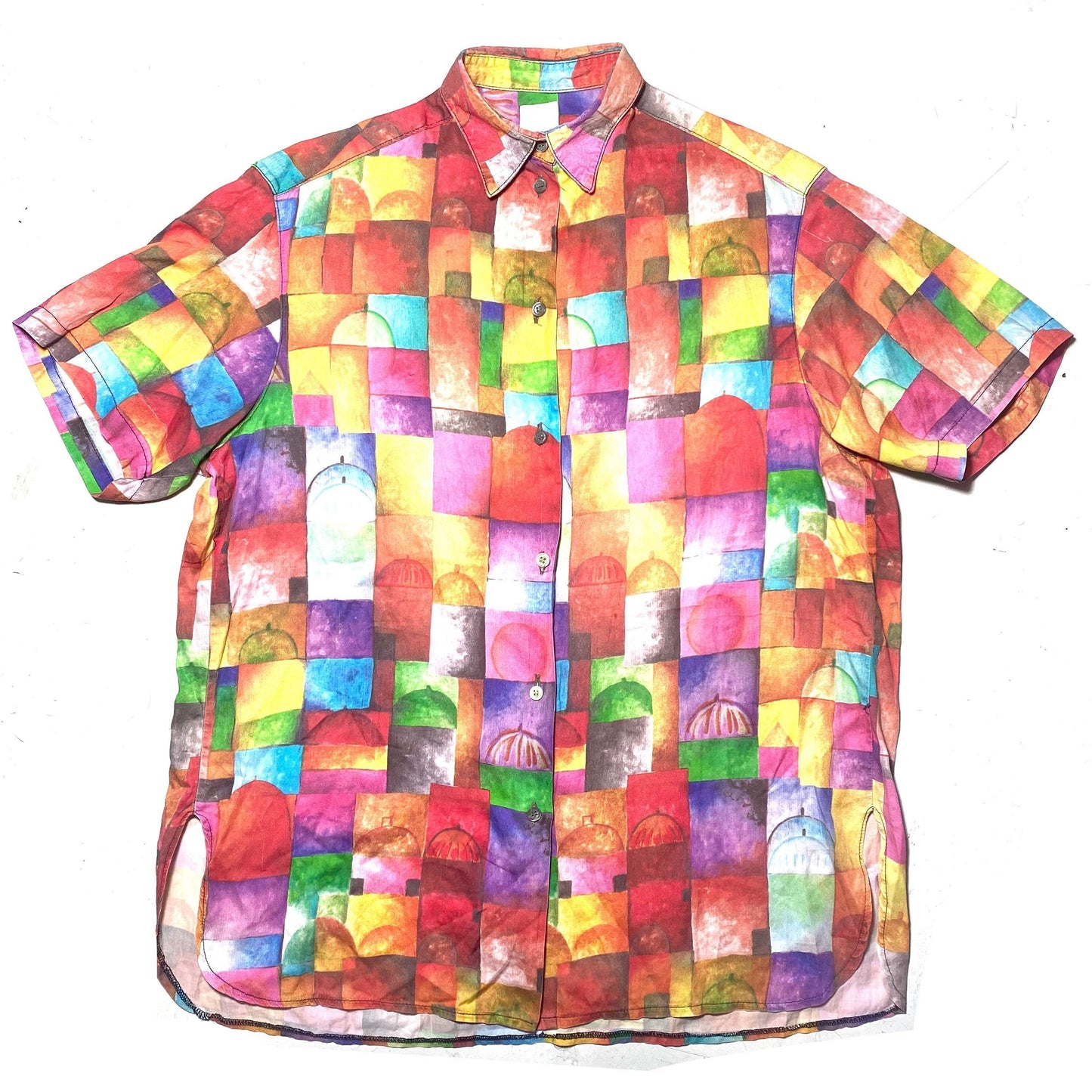 Paul Klee style short sleeved shirt, watercolor painting print by Star astistic fabrics Como, mint