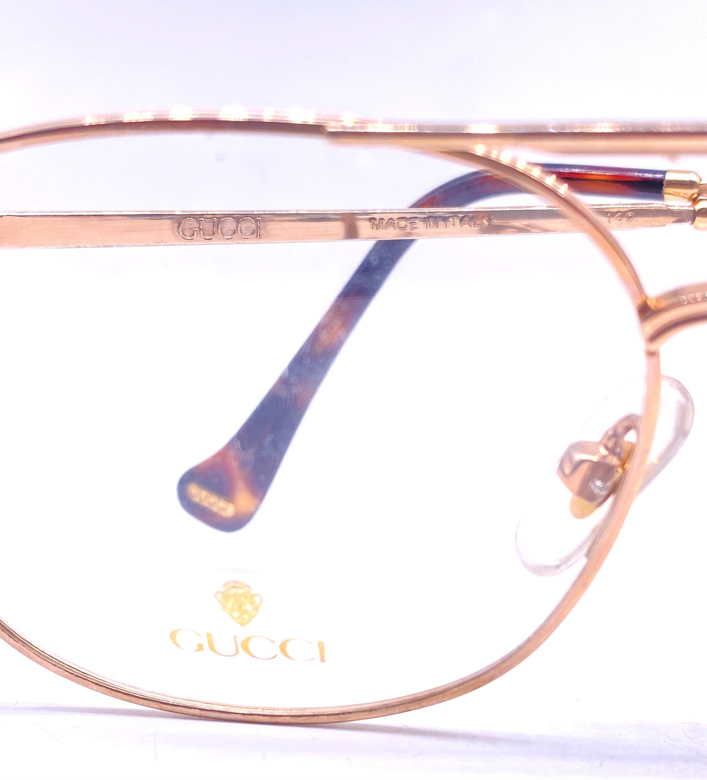Gucci 1272 Rolled gold dbl bridge aviator eyeglasses with carved details, NOS 80s Italy