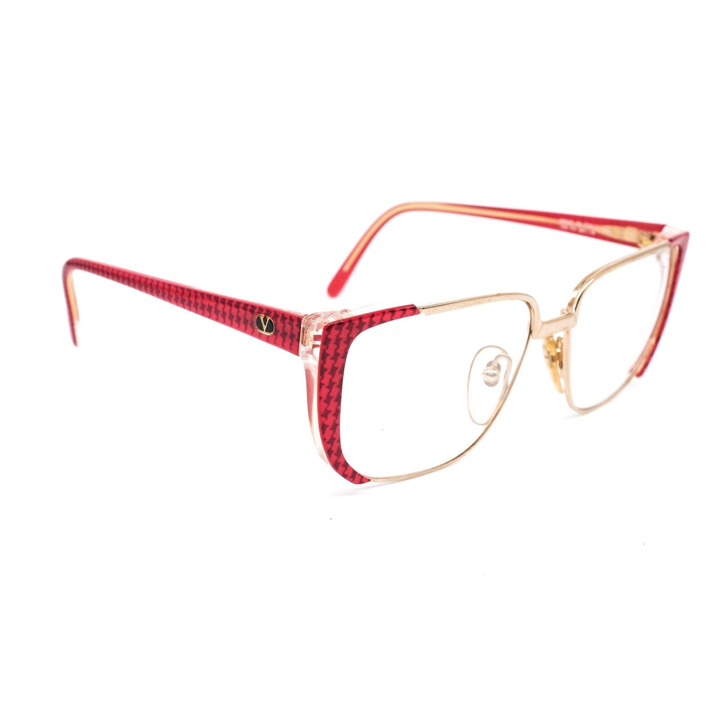 Valentino 133 red cateye cello eyeglasses frames with houndstooth pattern with metal parts in gold, 1980s NOS Italy