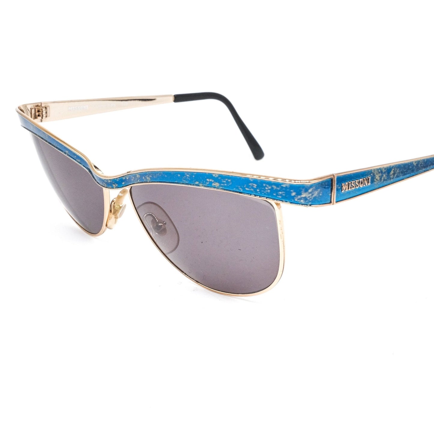 Missoni metallic cateye sunglasses with thick blue browline crafted in satin gold. 90s NOS Italy