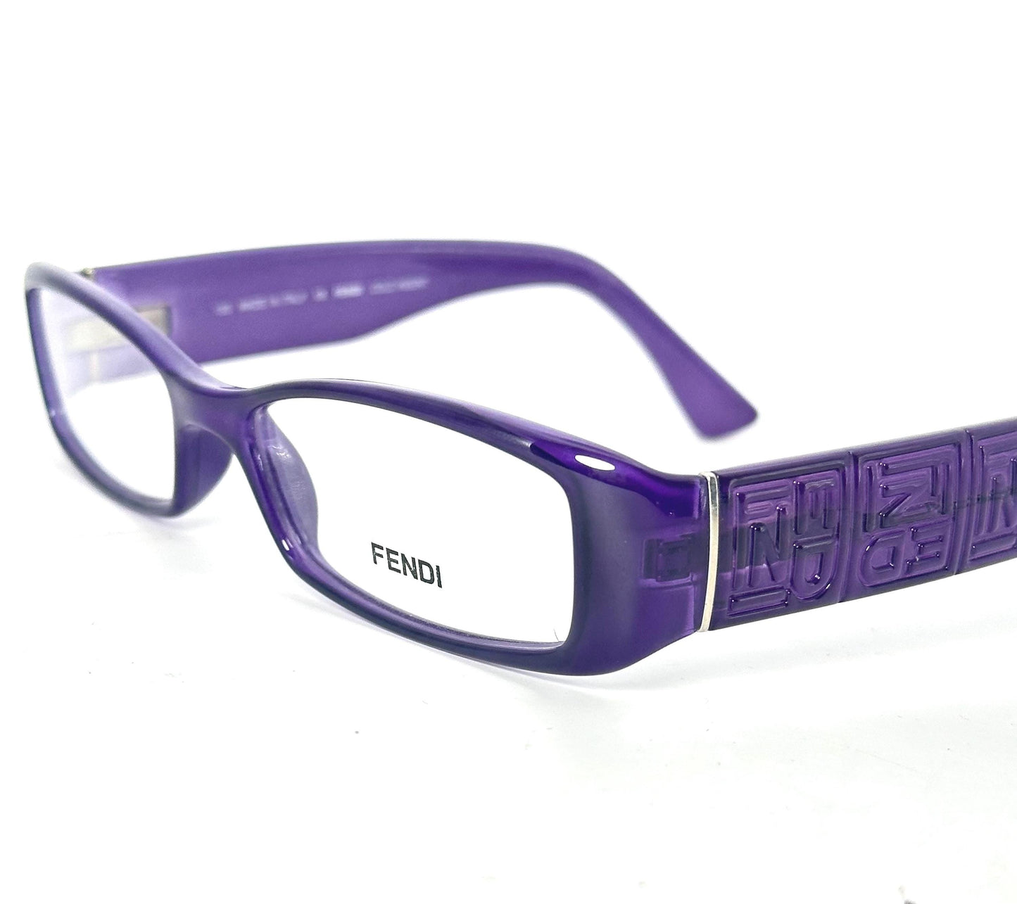 Fendi F809 sleek purple rectangle acetate frames, temples w carved monogram allover, NOS 90s mint