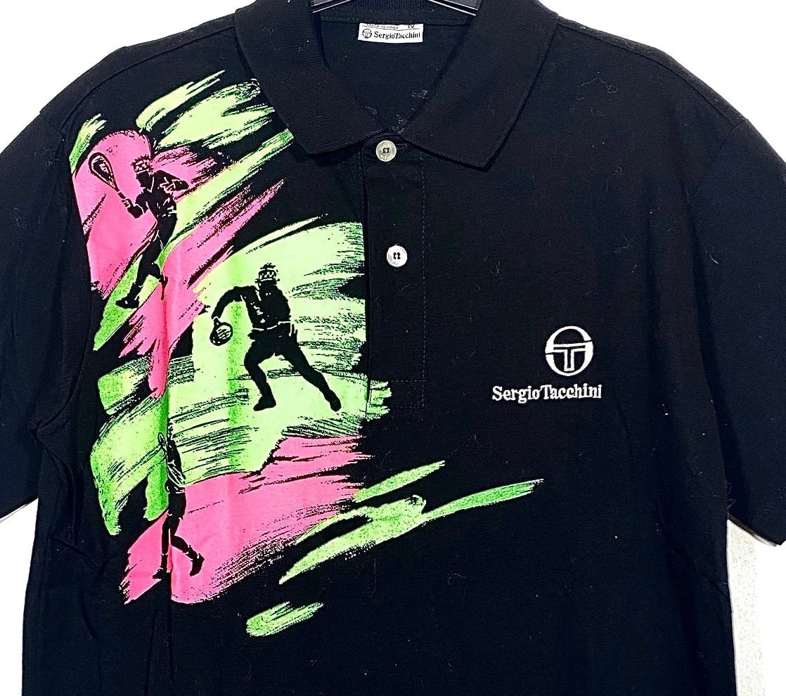 Sergio Tacchini black tennis polo shirt with neon colors print, 90s NOS