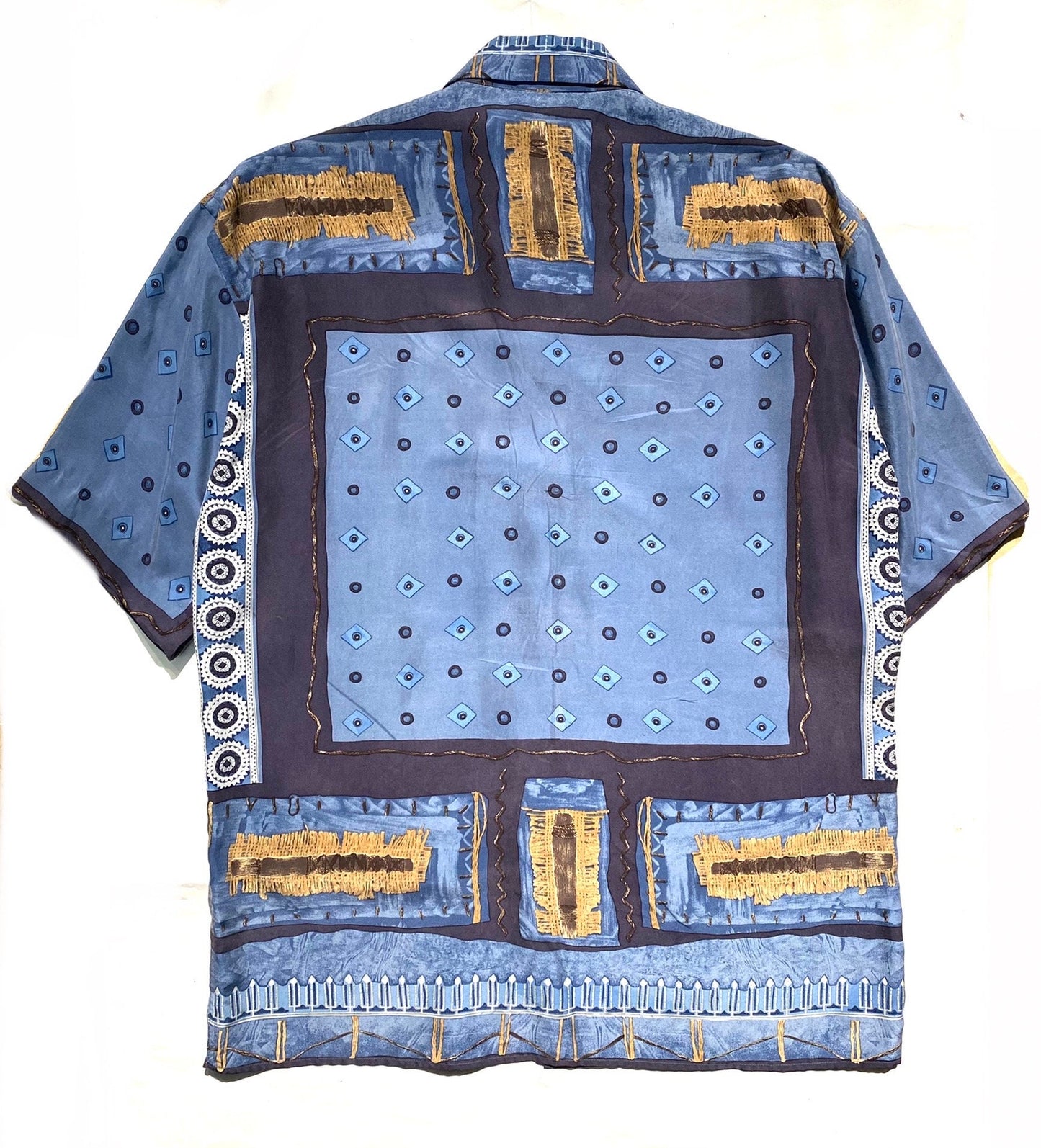 Renato Nucci Paris pure silk scarf print blue/beige ethnic inspired shirt, mint condition sz M