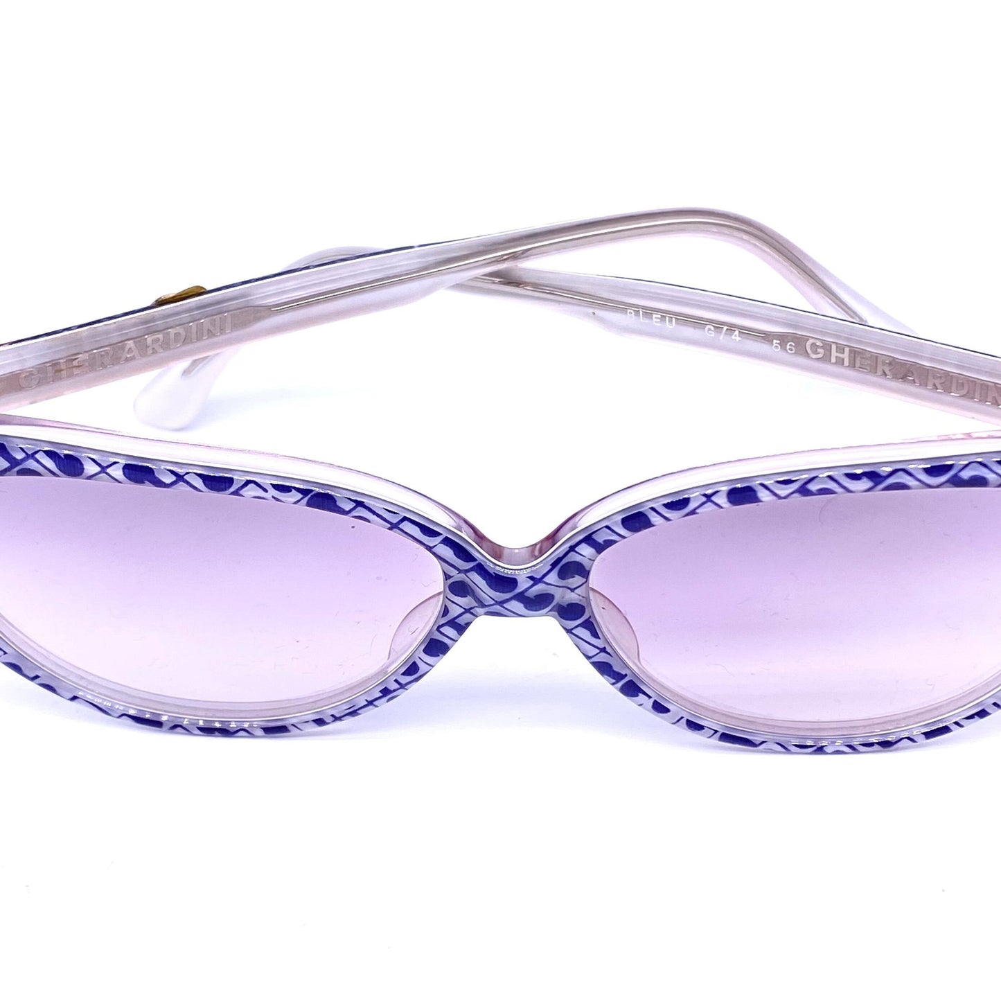 Gherardini blue-white monogram allover iconic cateye sunglasses hand made in Italy, 90s NOS