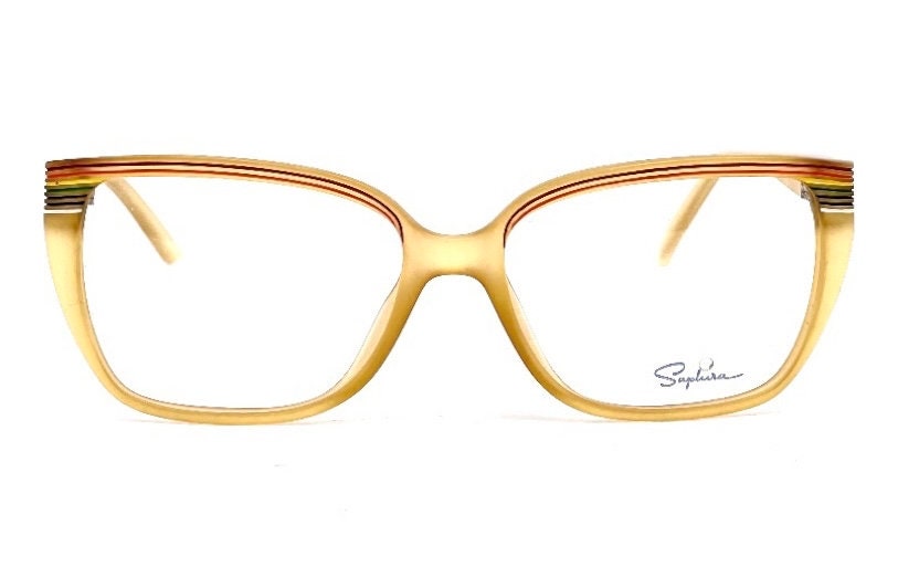 Saphira 4099 thick squared amber glasses with carved striped enameled in rainbow colors, NOS 80s