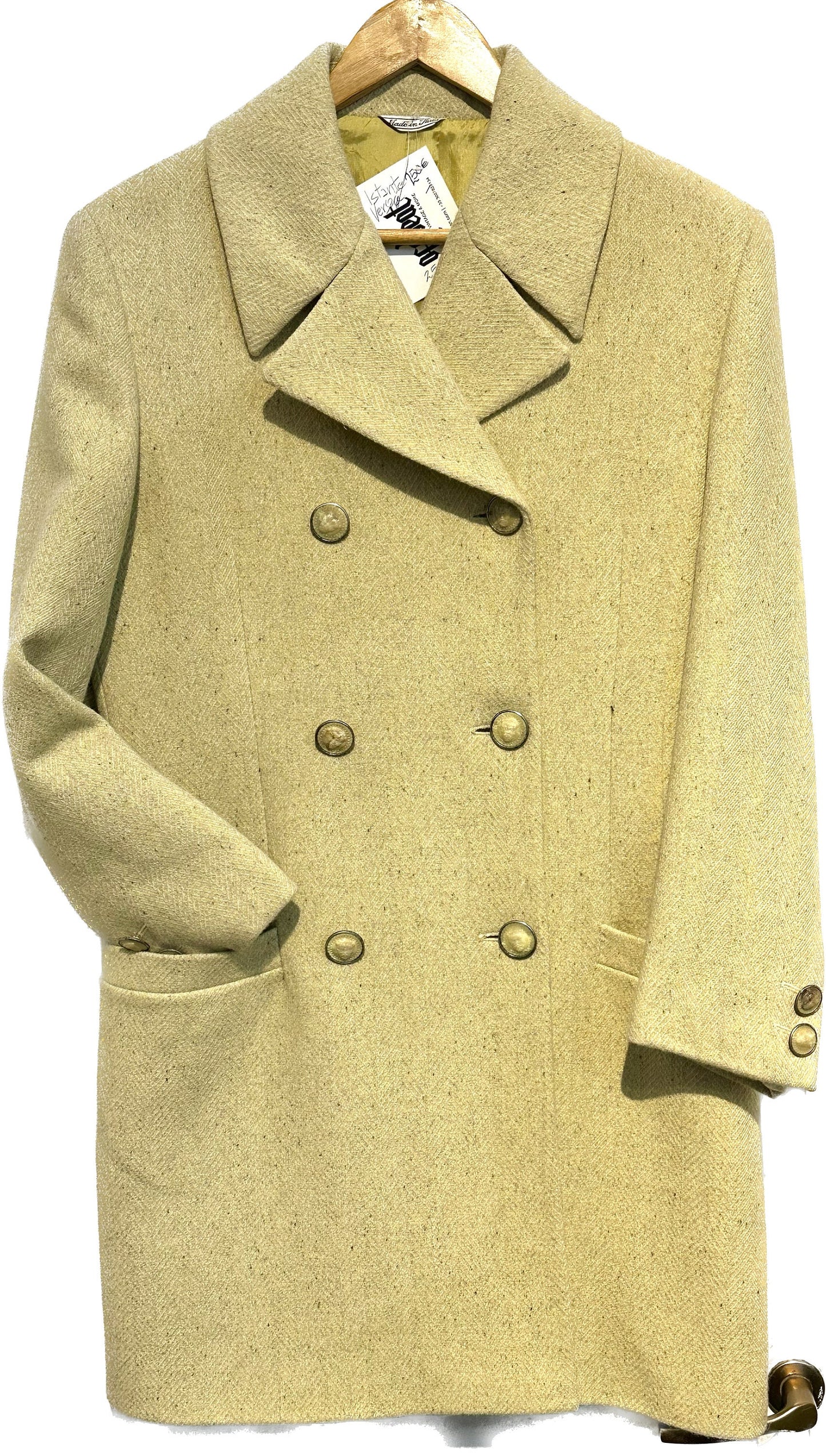 Istante Versace 90s herringbone pale yellow dbl breast wool ladies coat , mint condition; sz M/ 42 / 8