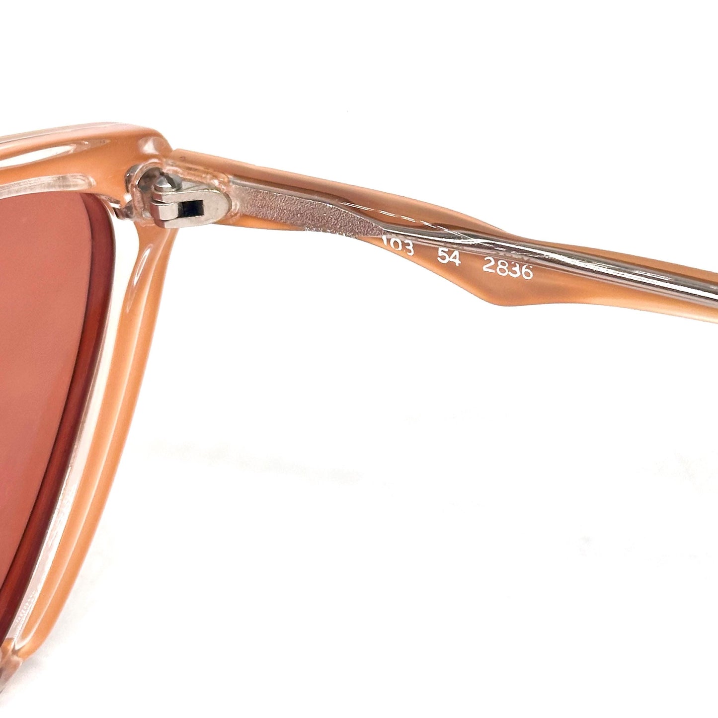 Karl Lagerfeld 103 54 2836 clear cateye sunglasses with salmon orange and brown stripes, orange lenses, 1980, NOS
