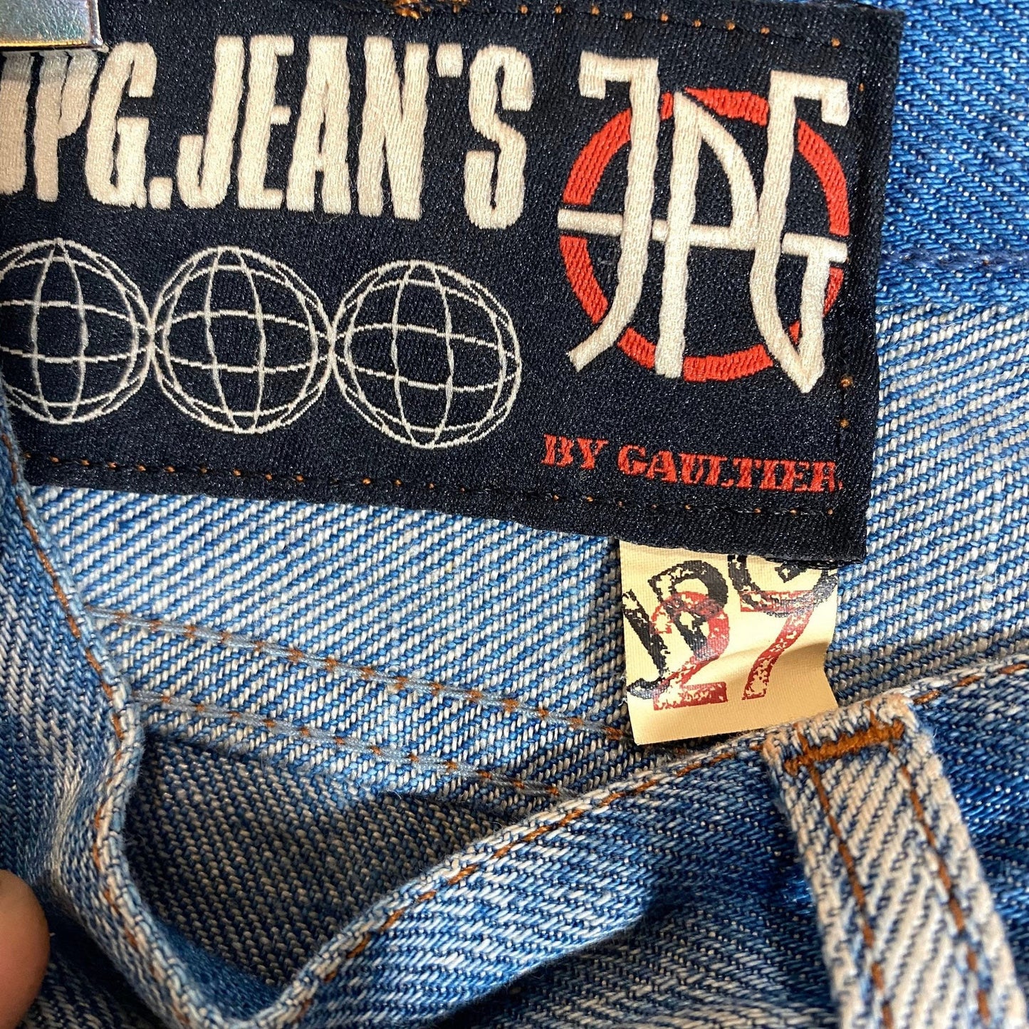 Jean Paul Gaultier 90s NOS straight blue jeans “used look, mint and with tags sz 27