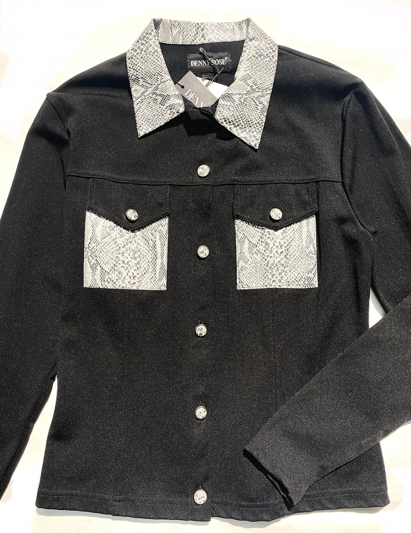 Denny Rose western style black blouse w snake print leather inserts, NOS 90s