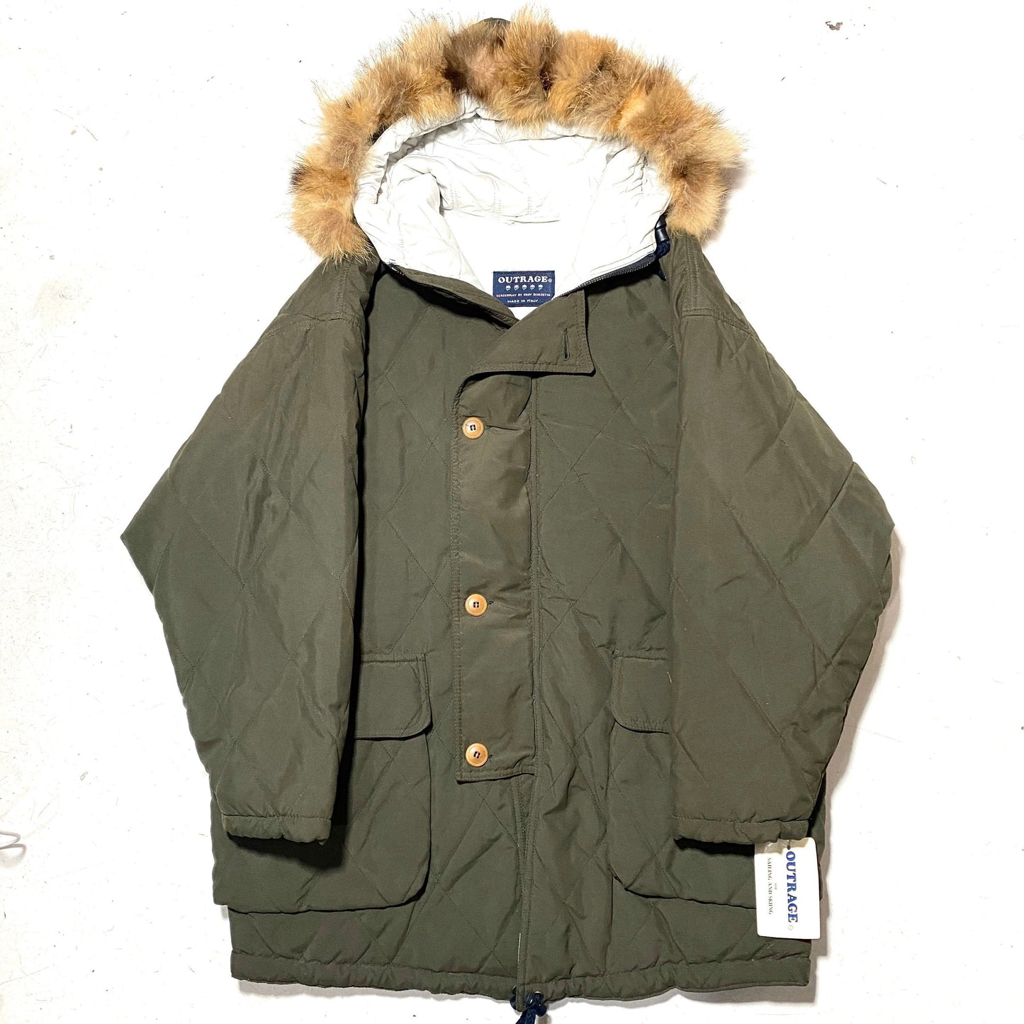 Outrage military green matelassè-quilted parka coat w fur hoodie, 1980s NOS with tags, mint