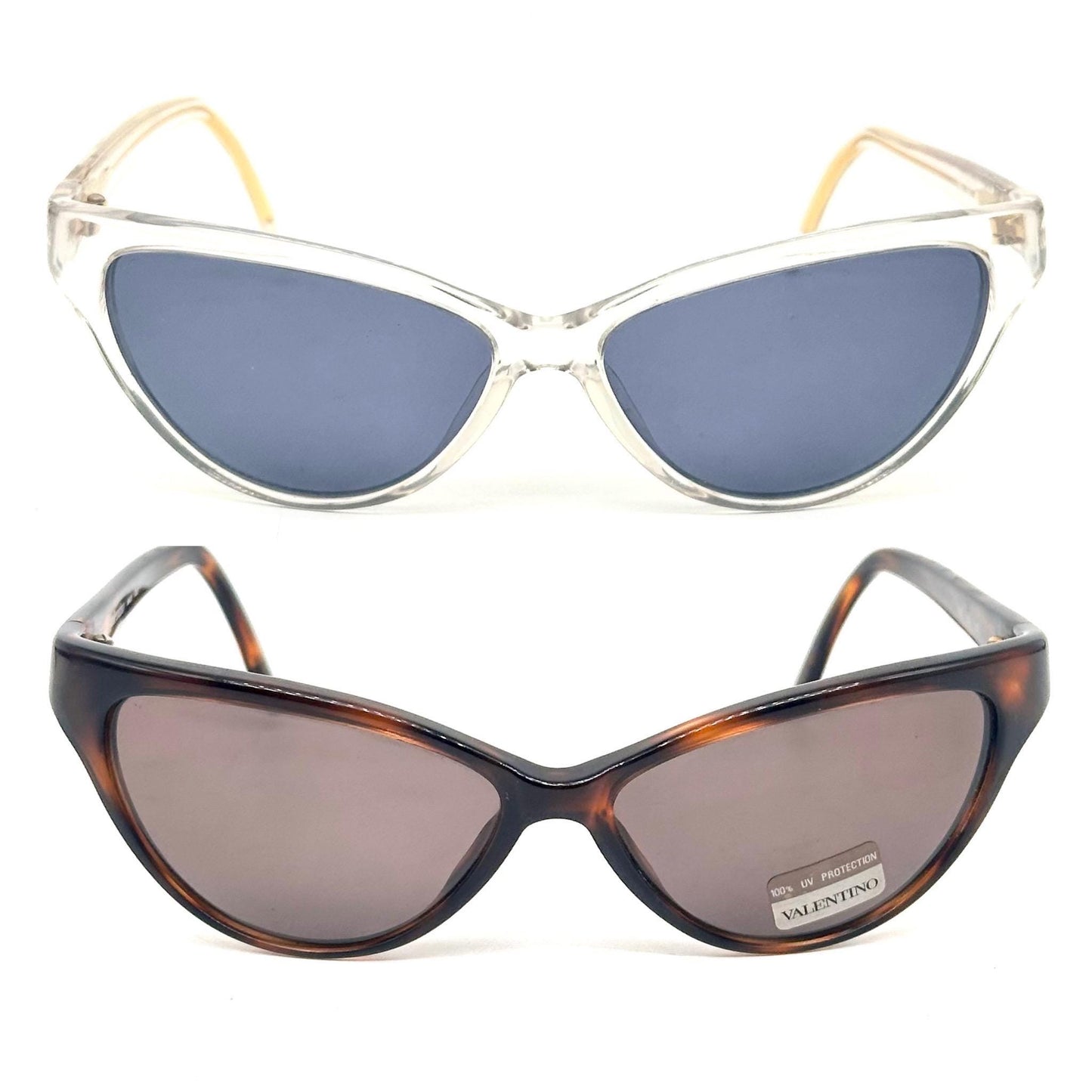 Valentino V606 modern cateye sunglasses in clear cello Golden V logo detail, NOS 90s.
