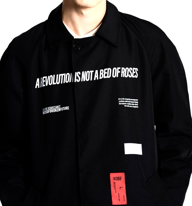 Kids of Broken Future “David” black Seaqual trenchcoat w neoclassical print cotton lining, S